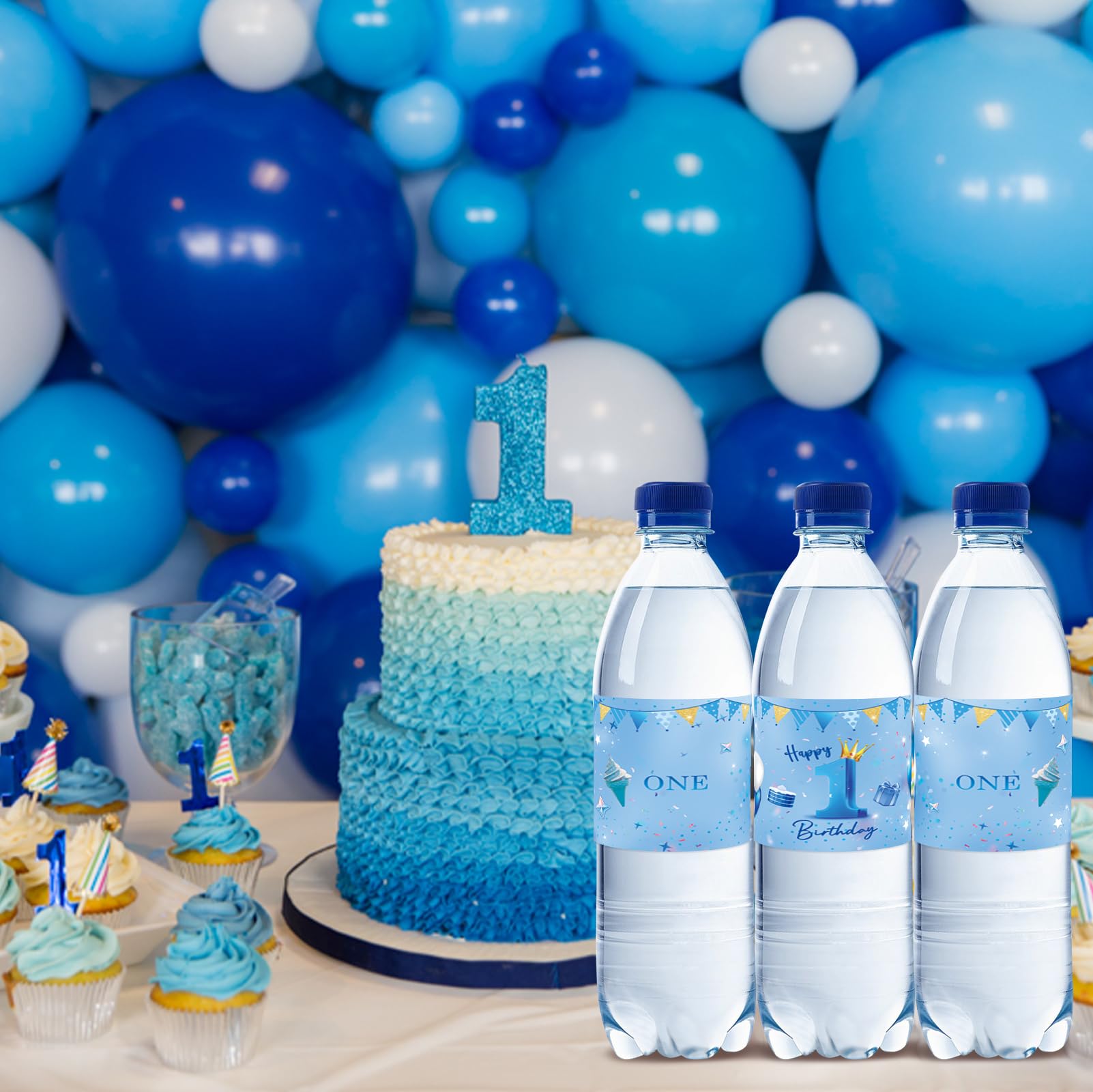 32pcs Blue Happy 1st Birthday Water Bottle Labels - Balloon Blue Glitter Cheers to One Year Old Stickers - 1st Birthday Party Decorations - Baby Shower, Anniversary Celebration Supplies - Perfect for Birthday Parties, Baby Showers & Special Events