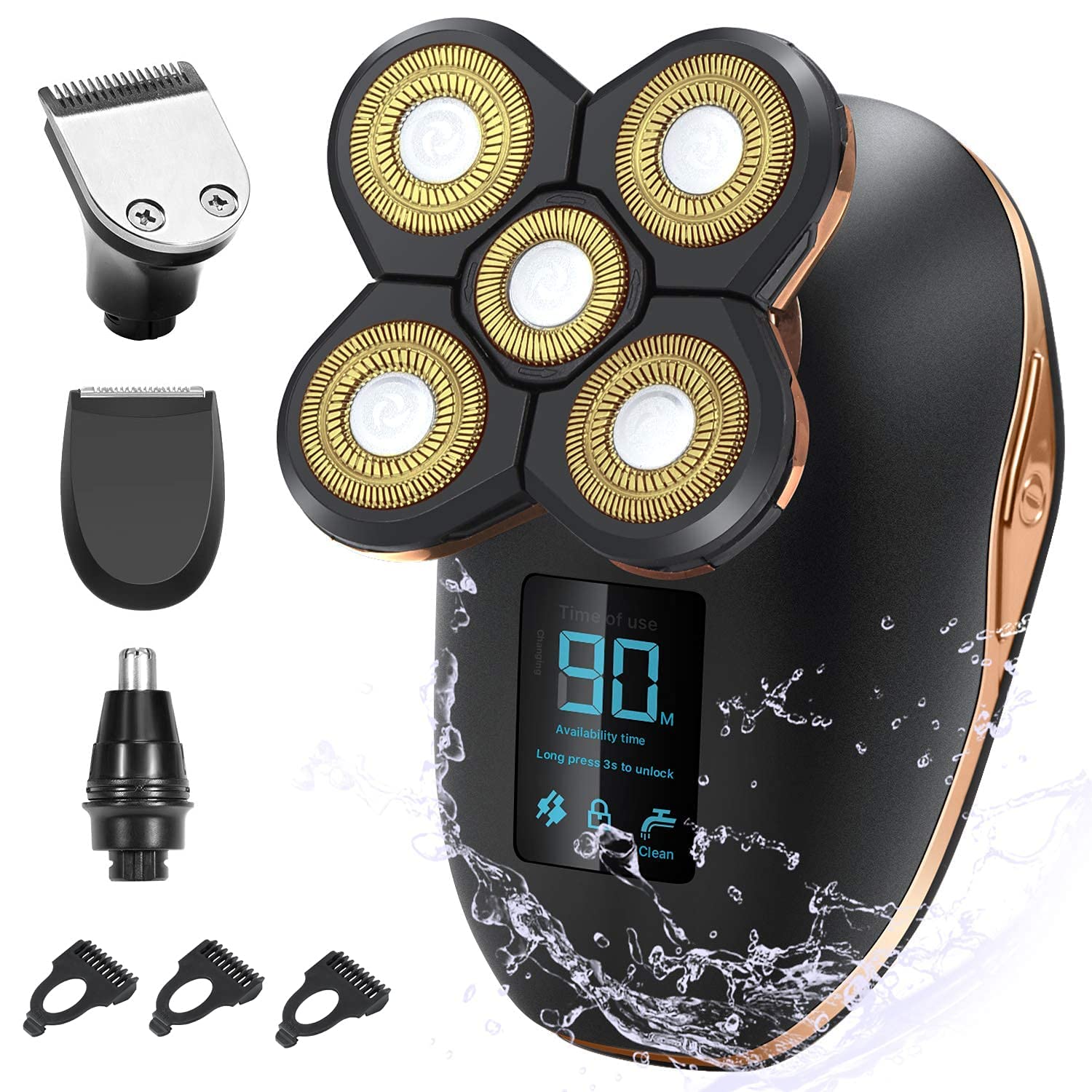 Premium 5-in-1 Electric Razor for Men - Rechargeable Shaver with Floating Heads, Hair Clipper, Nose/Ear Trimmer & Facial Cleaning Brush (Golden) - Perfect for Travel, Home Use & Grooming Kits