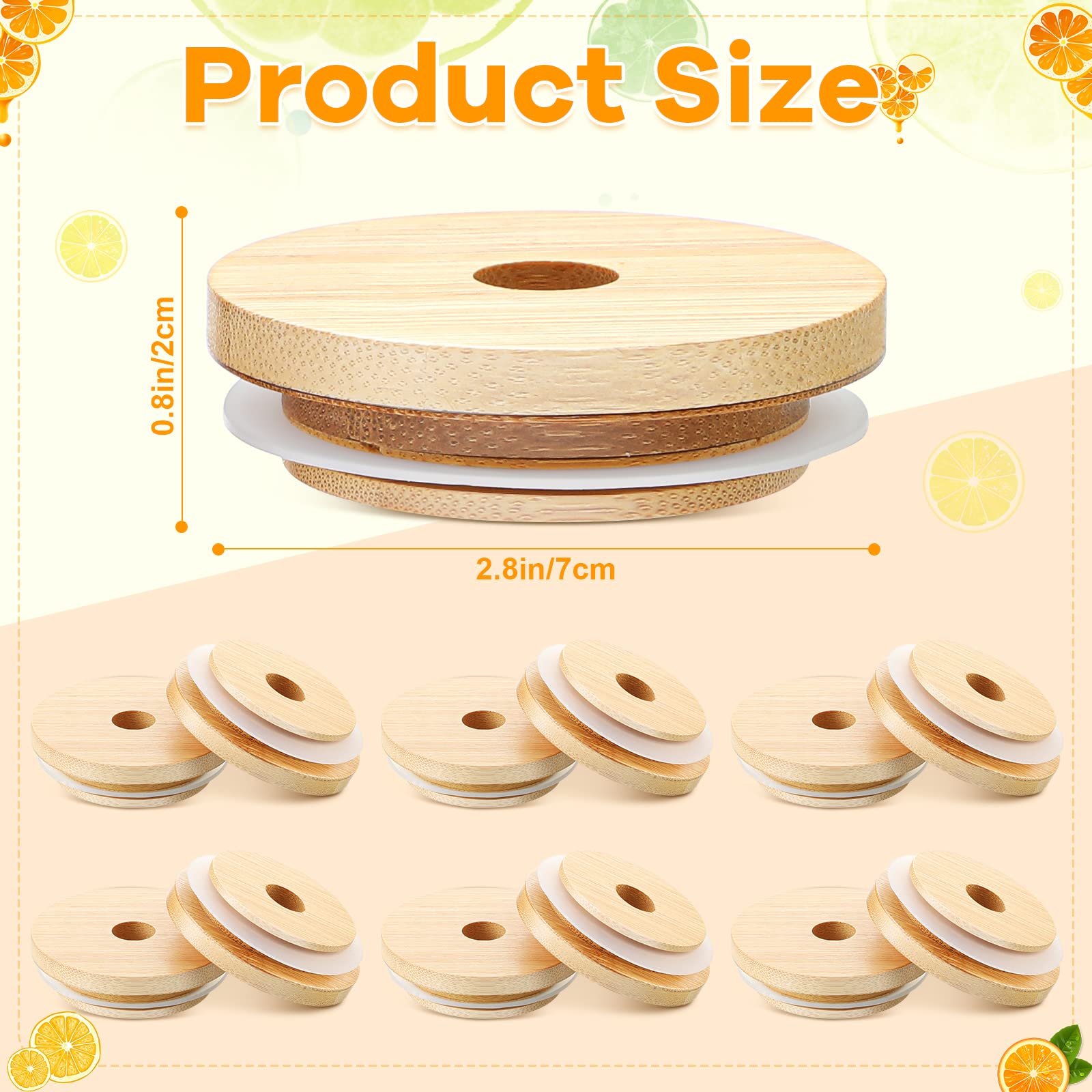 100-Pack 70mm Reusable Bamboo Jar Lids with Straw Hole & Silicone Ring - 2.76