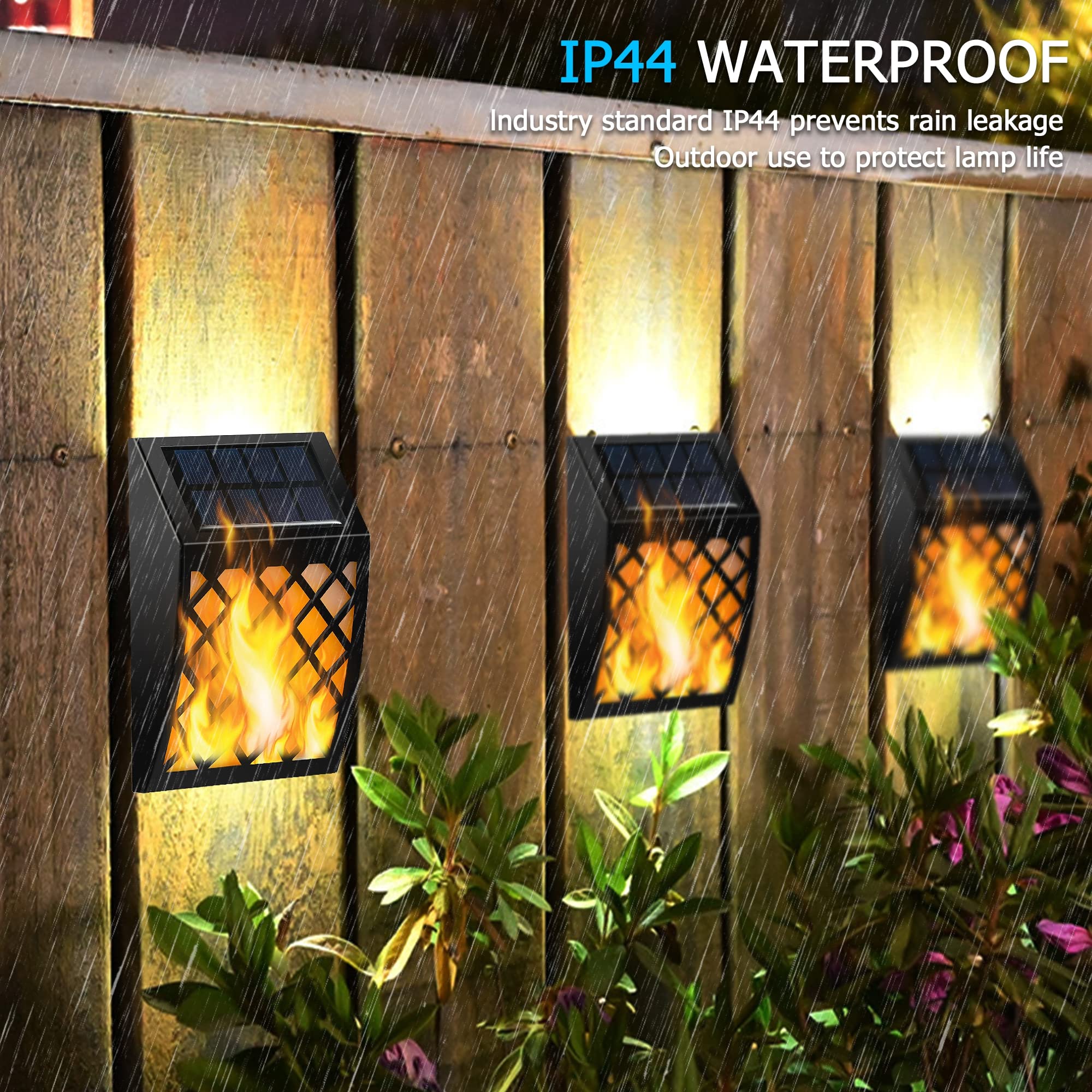 Dynaming Solar Flame Lights Outdoor - 4 Pack Solar Powered Flickering Flame Wall Lights with Auto On/Off - Waterproof Decorative Lighting for Fence, Deck, Garden, Pathway, Patio, Porch & Yard - Perfect for Halloween, Christmas & Outdoor Parties