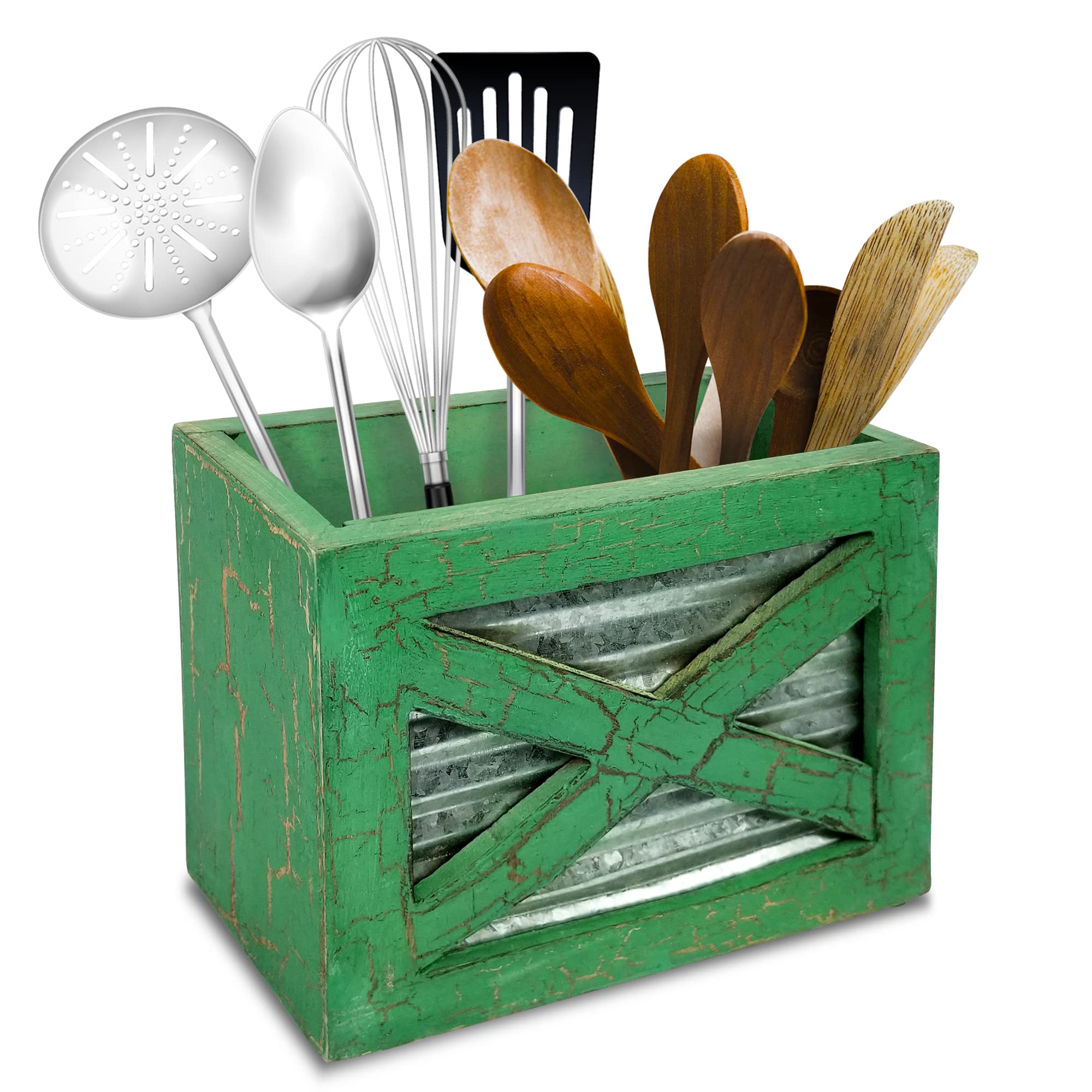 Rustic Wooden Utensil Holder - Farmhouse Kitchen Countertop Organizer for Spoons & Cooking Tools | Eco-Friendly Green Home Decor for Country Style Kitchens