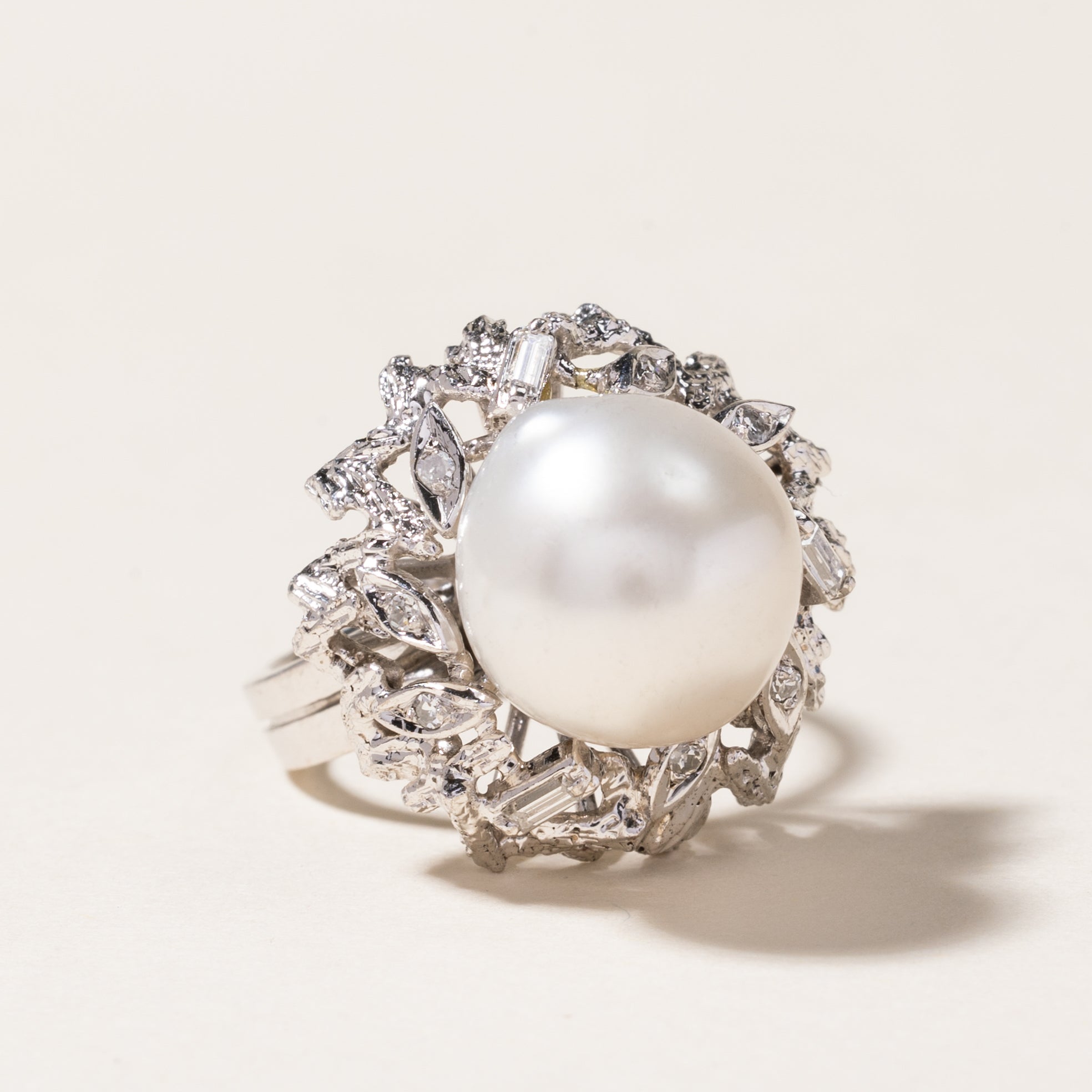 Elegant Pearl & Diamond Cocktail Ring | 11.60mm Round White Pearl with 0.09ctw Diamond Accents | Size 4.5 | Perfect for Evening Parties, Weddings & Special Occasions