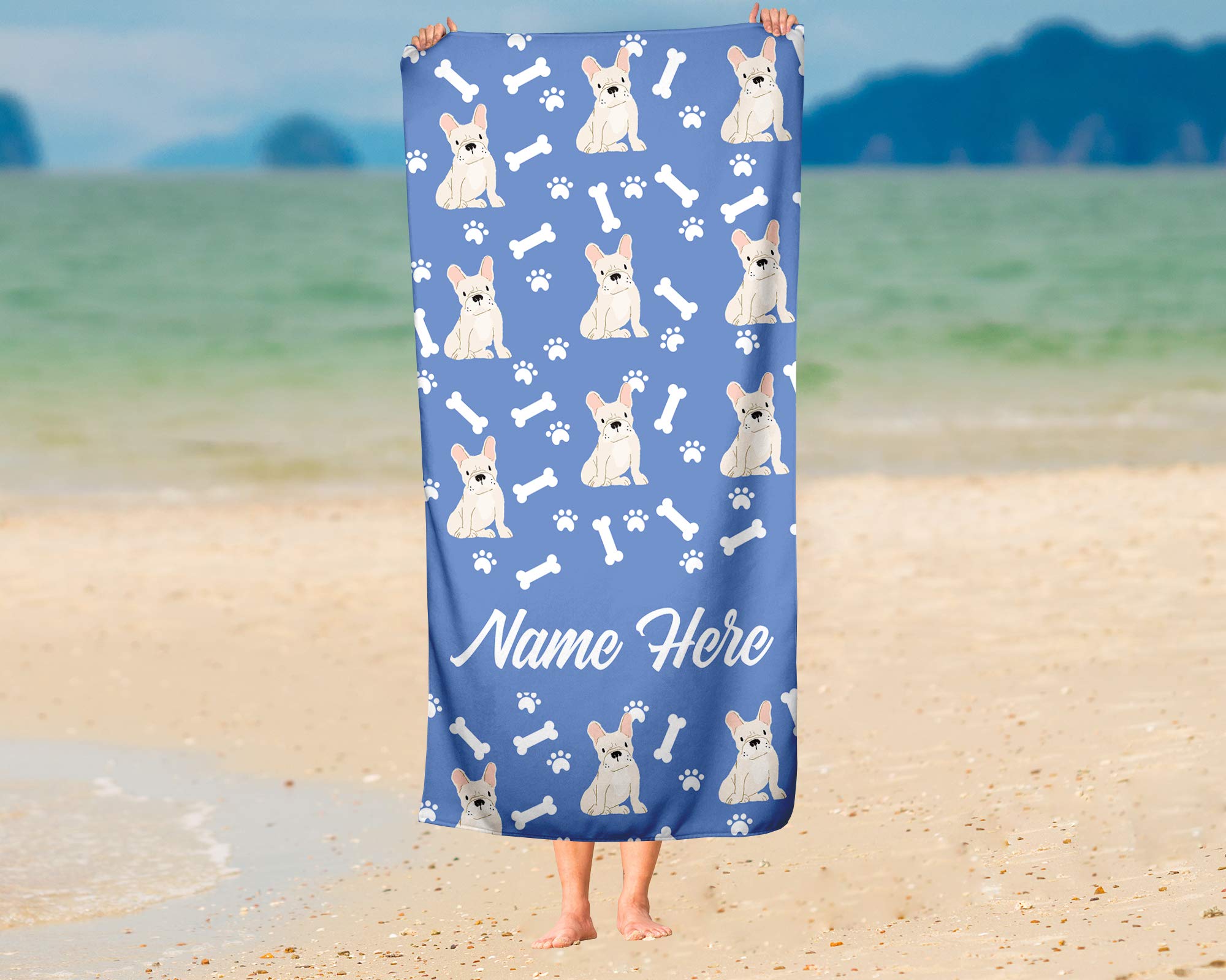 Personalized Fawn French Bulldog Pattern Beach & Bath Towels - Large & Medium Sizes - Custom Towels for Travel, Pool & Indoor Use - Soft Absorbent Towels for Adults & Kids - Perfect for Beach Days, Spa & Frenchie Lovers