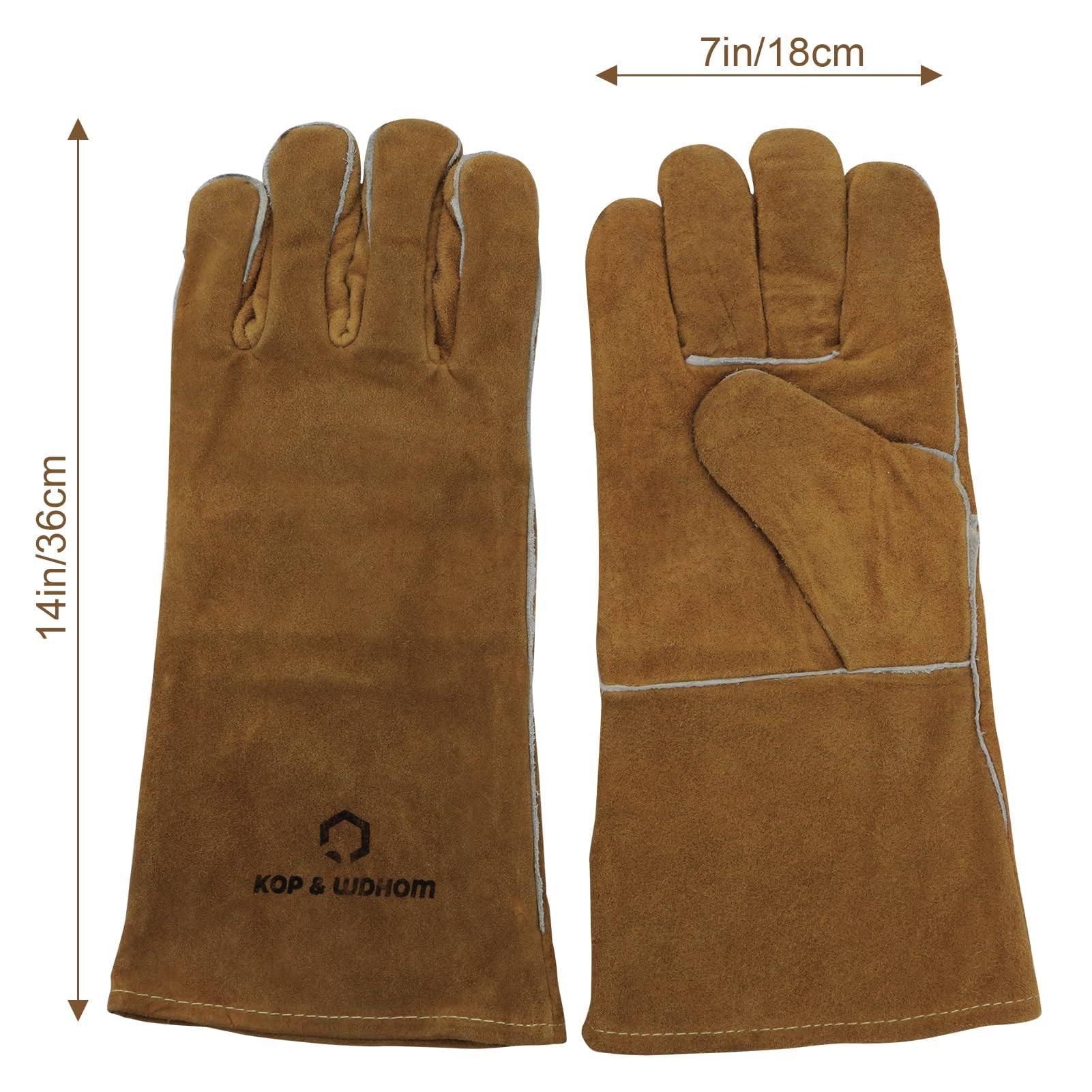 KOP&WDHOM 14 Inch Heat Resistant Leather Welding Gloves - Fireproof Work Gloves for MIG TIG Stick Welding, Forging, BBQ, Oven, Grill, Fireplace & Stove Use - Heavy Duty Protection for Metalworking, Cooking & Fireplace Maintenance