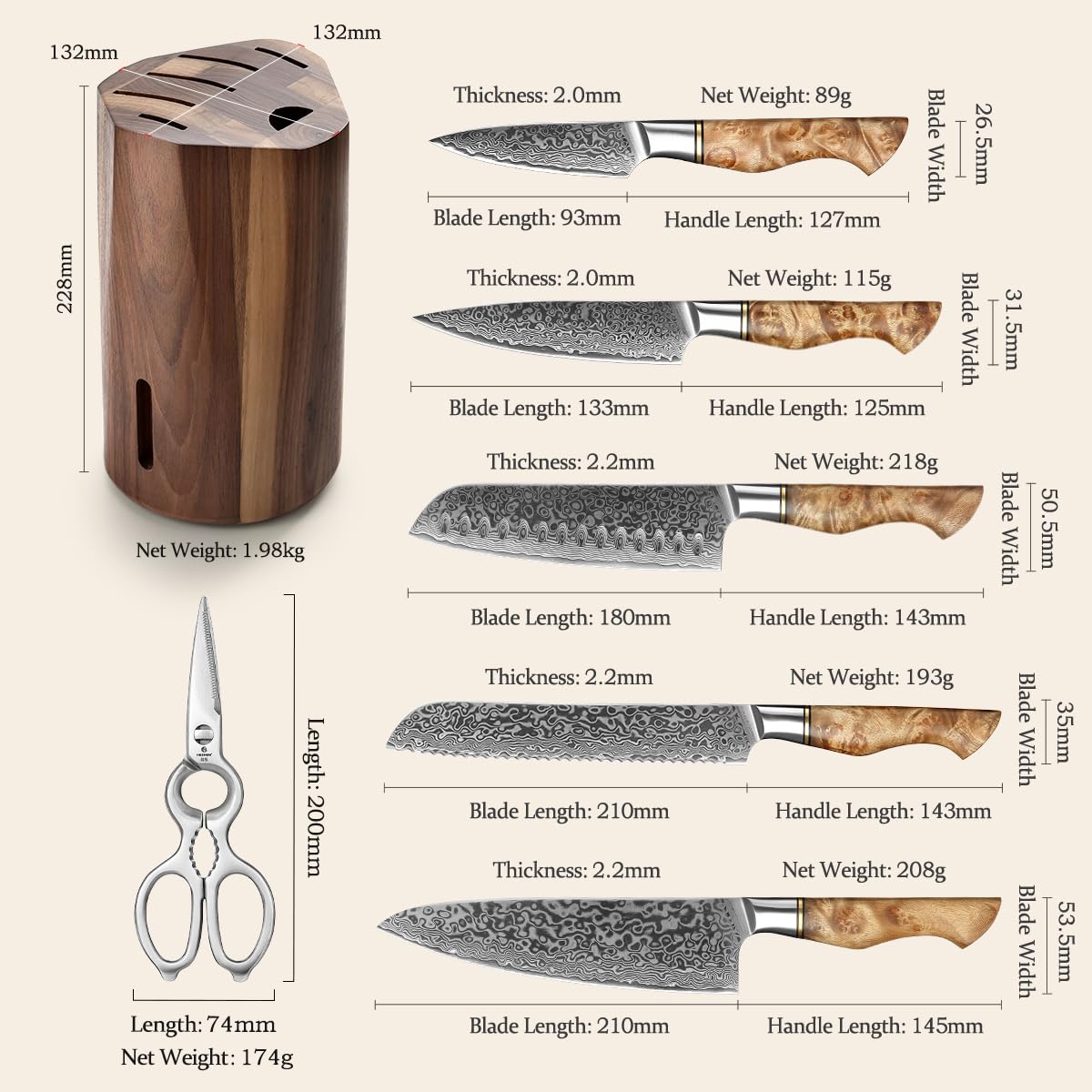 HEZHEN 7-Piece Professional Damascus Steel Kitchen Knife Set - High Carbon Steel Chef Knife, Santoku, Bread Knife, Utility Knife, Fruit Knife with Multifunctional Scissors & Walnut Block - Perfect for Home Cooking, Professional Chefs, and Gift Giving