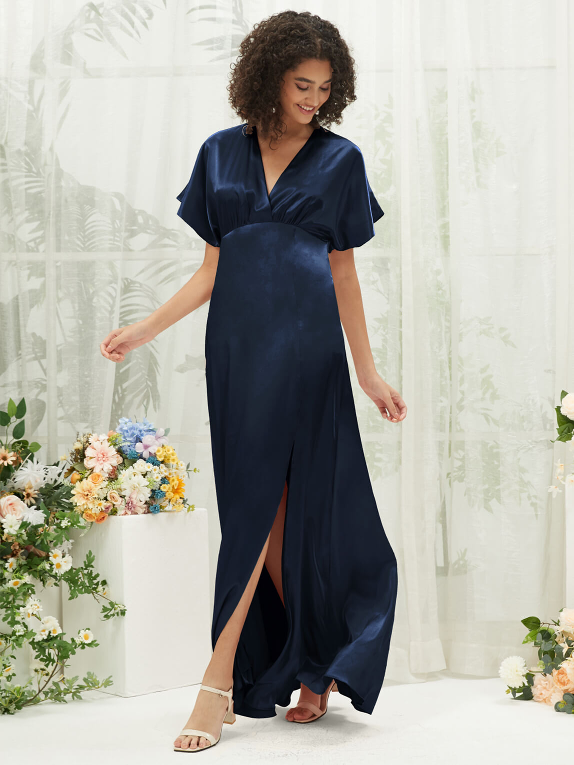 Elegant Dark Navy V-Neck Short Sleeve Satin Maxi Bridesmaid Dress with High Slit - Perfect for Weddings, Formal Events & Evening Parties