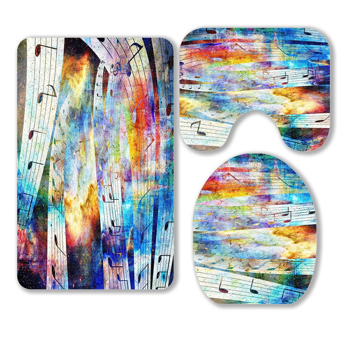 ECZJNT Abstract Music Note Space Stars 3-Piece Bathroom Rug Set - Non-Slip Contour Mat & Toilet Lid Cover - Soft Absorbent Cotton for Modern Bathroom Decor