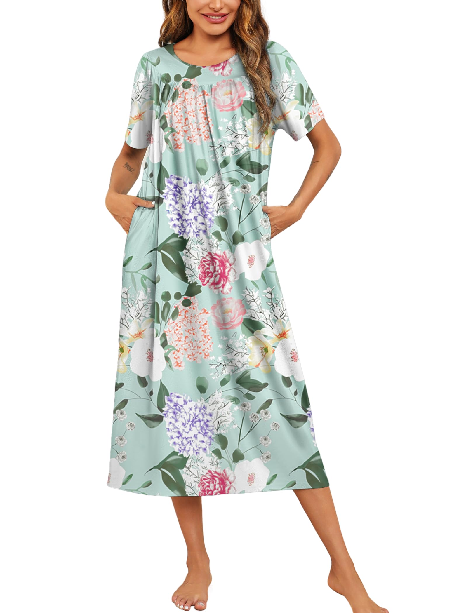 Ekouaer Women's Long Sleeve Nightgown with Pockets - Soft Comfortable House Dress, Pleated Front Moo Moo for Lounge & Sleep, Sizes S-XXXL | Perfect for Relaxing at Home, Morning Coffee & Bedtime Comfort