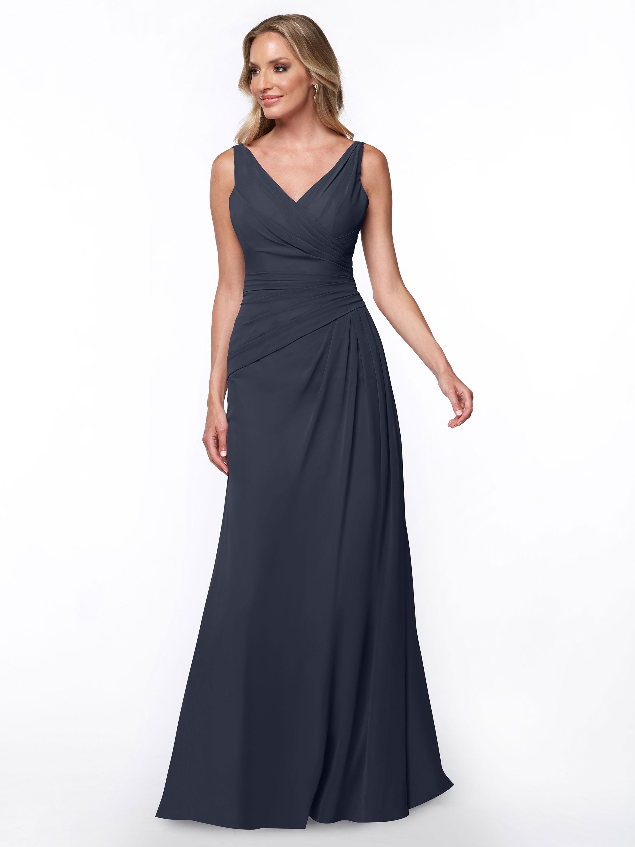 Elegant 80030 Chiffon Sheath Bridesmaid Dress with Ruching V-Neck Bodice - Perfect for Weddings, Formal Events & Special Occasions