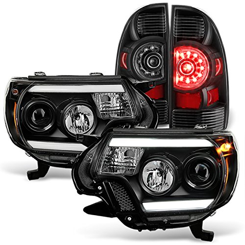 AKKON LED Tube Projector Headlights & LED Tail Lights for 2012-2015 Toyota Tacoma Pickup - Black | Upgrade Your Truck's Lighting for Night Driving & Off-Road Adventures
