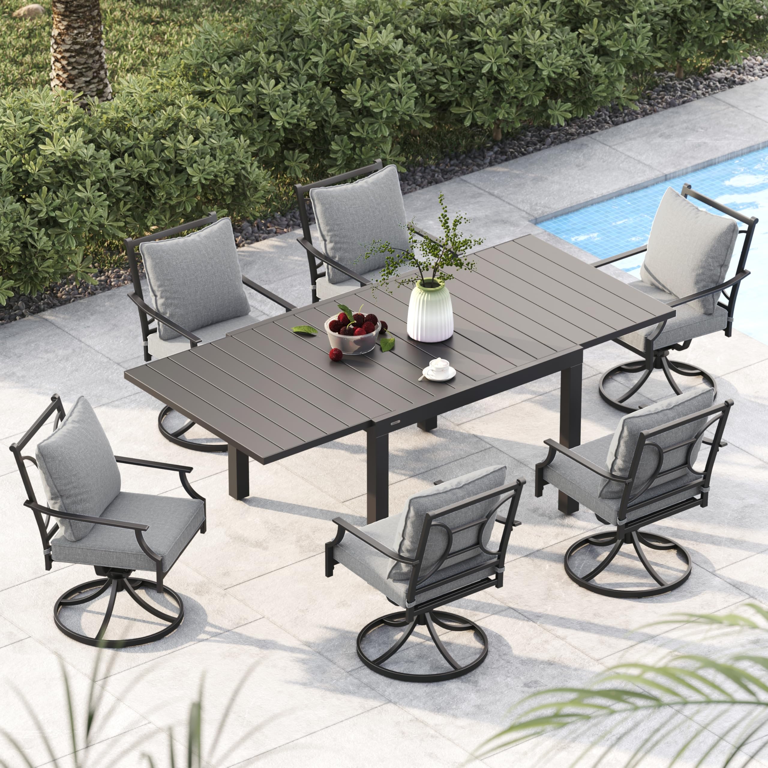 7-Piece Outdoor Patio Dining Set for 6 - Swivel Chairs with Olefin Cushions & Extendable Faux Wood Table - Perfect for Backyard BBQs, Poolside Gatherings & Garden Entertaining