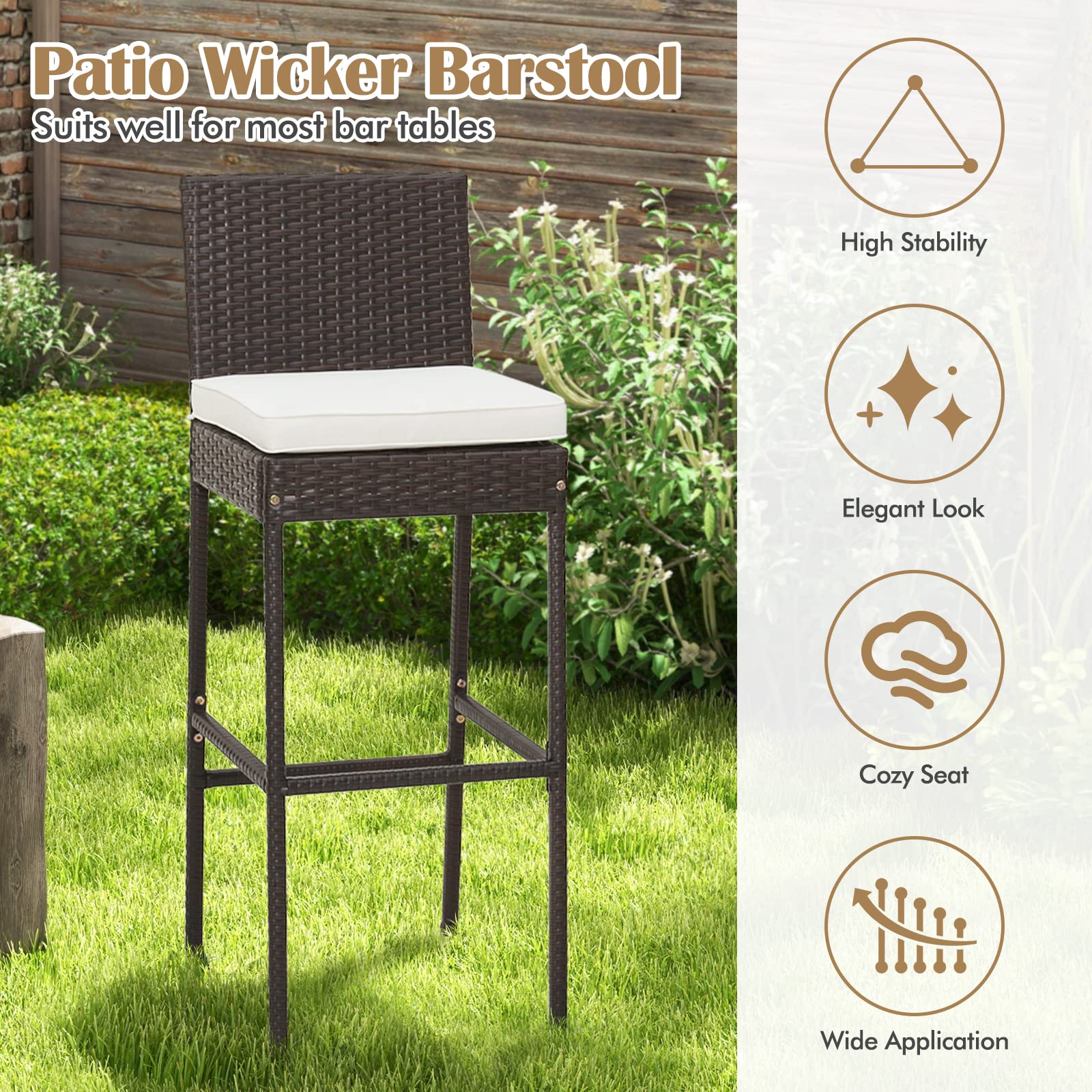 RELAX4LIFE Outdoor Bar Stools Set of 4 - Wicker Rattan Patio Barstools with Backrest, Footrest & Seat Cushions - Heavy Duty 400LBS Capacity Metal Frame Counter Height Stools (30 Inch, Mix Brown) - Perfect for Backyard, Deck, Poolside & Outdoor Dining Areas