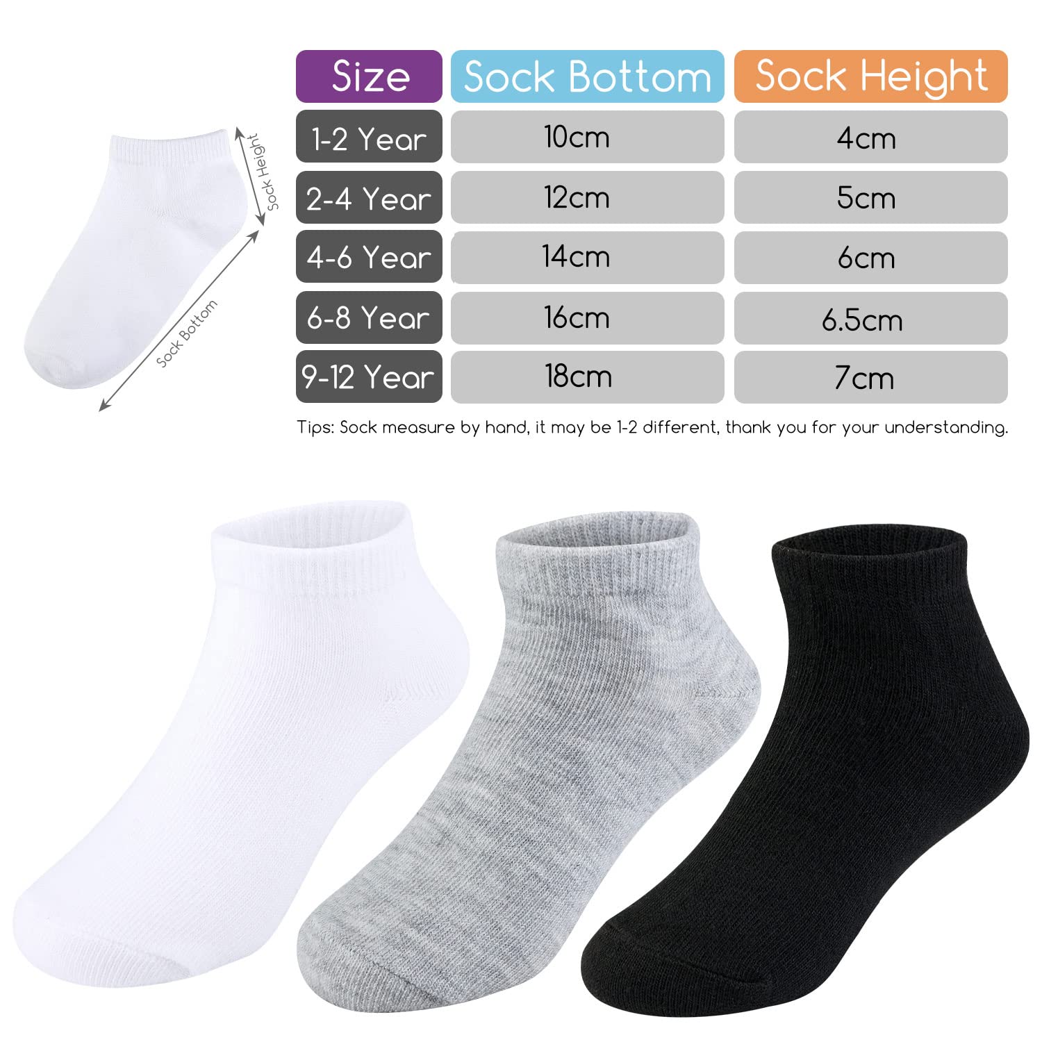 BOOPH 15 Pairs Kids Athletic Socks for Boys & Girls - Half Cushion Low Cut Ankle Socks - Breathable & Comfortable for School, Sports & Daily Wear
