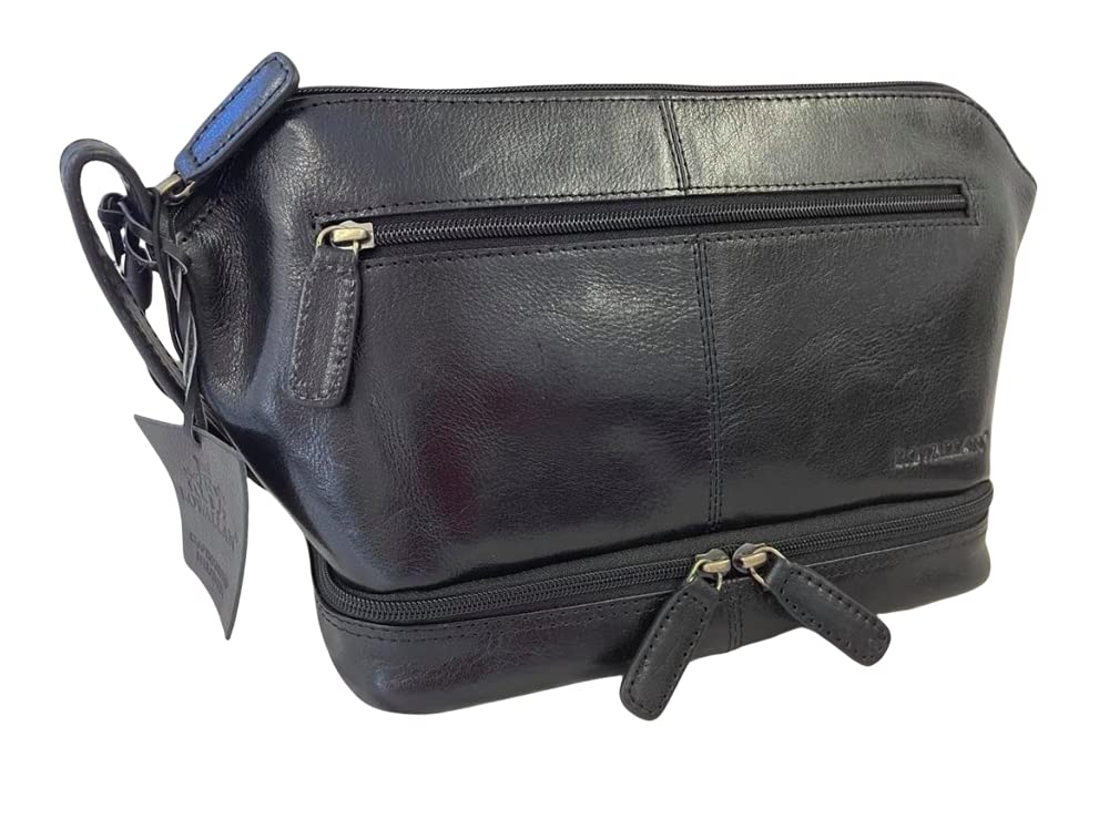 Rowallan Men's Soft Black Leather Travel Toiletry Bag with Frame - Perfect for Business Trips, Gym, and Weekend Getaways
