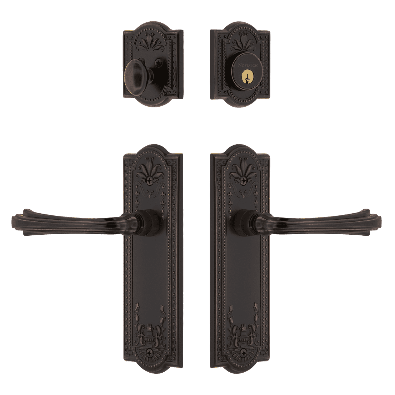 Timeless Bronze Meadows Entry Door Set with Fleur Lever Handle - Perfect for Classic and Traditional Home Exteriors