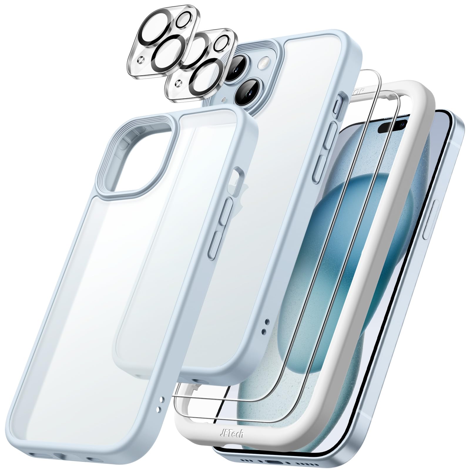 JETech 5-in-1 Matte Shockproof Case for iPhone 15 (6.1-Inch) - Includes 2-Pack Tempered Glass Screen Protectors & Camera Lens Protector - Translucent Blue Back Cover for Everyday Protection & Style