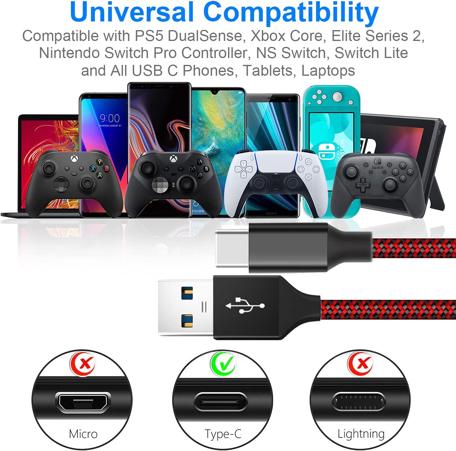 3-Pack 10FT Nylon Braided USB-C Charger Cable - Fast Charging Cord for Samsung Galaxy S10/S9/S8/S20 Plus/A51/A12/A11, Note 10/9/8, PS5 Controller, Xbox Series X/S Controller - Durable & Tangle-Free (White, Red, Blue) | Perfect for Gaming, Travel & Home Charging