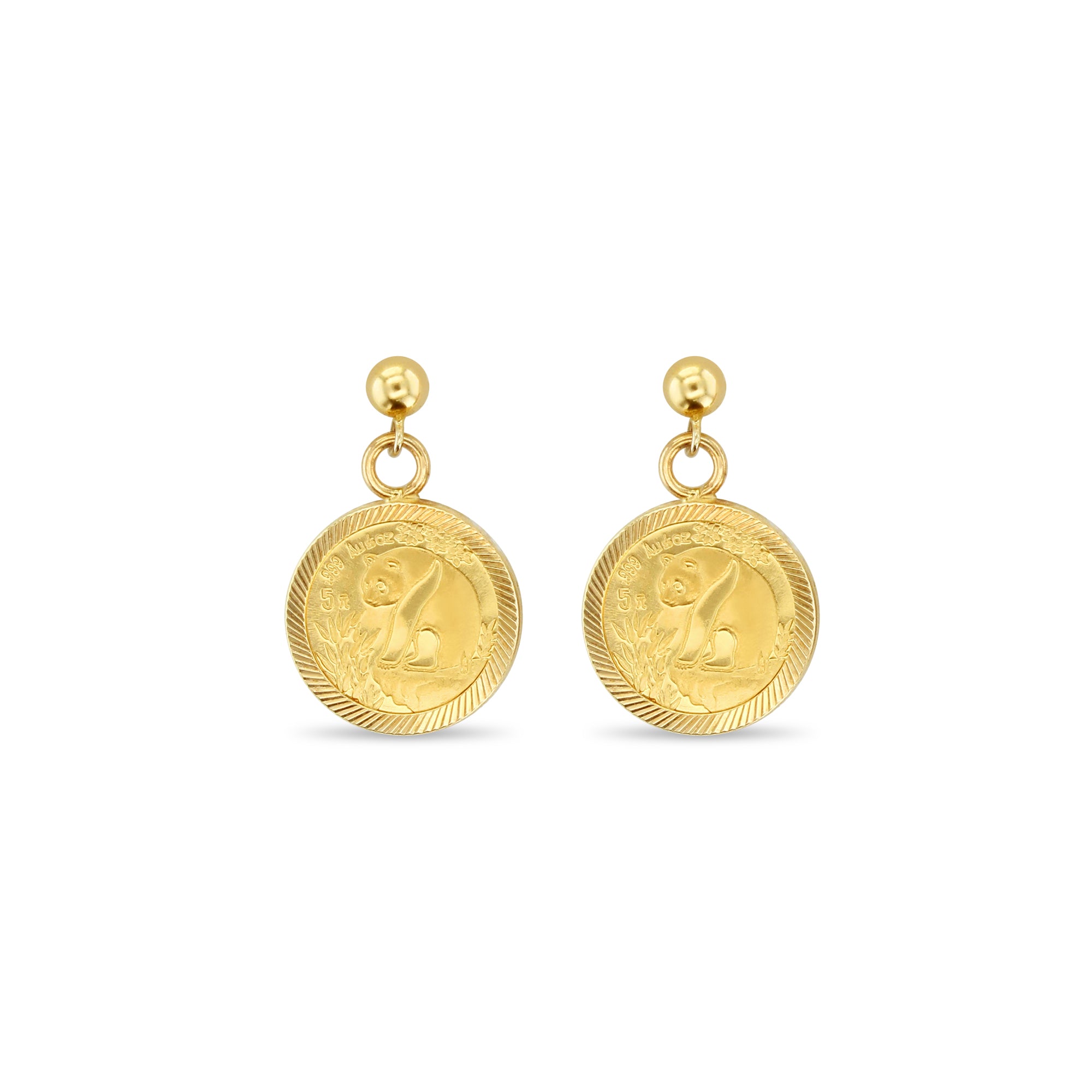 1/20 oz 14K Gold Panda Coin Drop Earrings with Diamond-Cut Bezel - Elegant Jewelry Gift for Women, Perfect for Parties, Weddings & Special Occasions