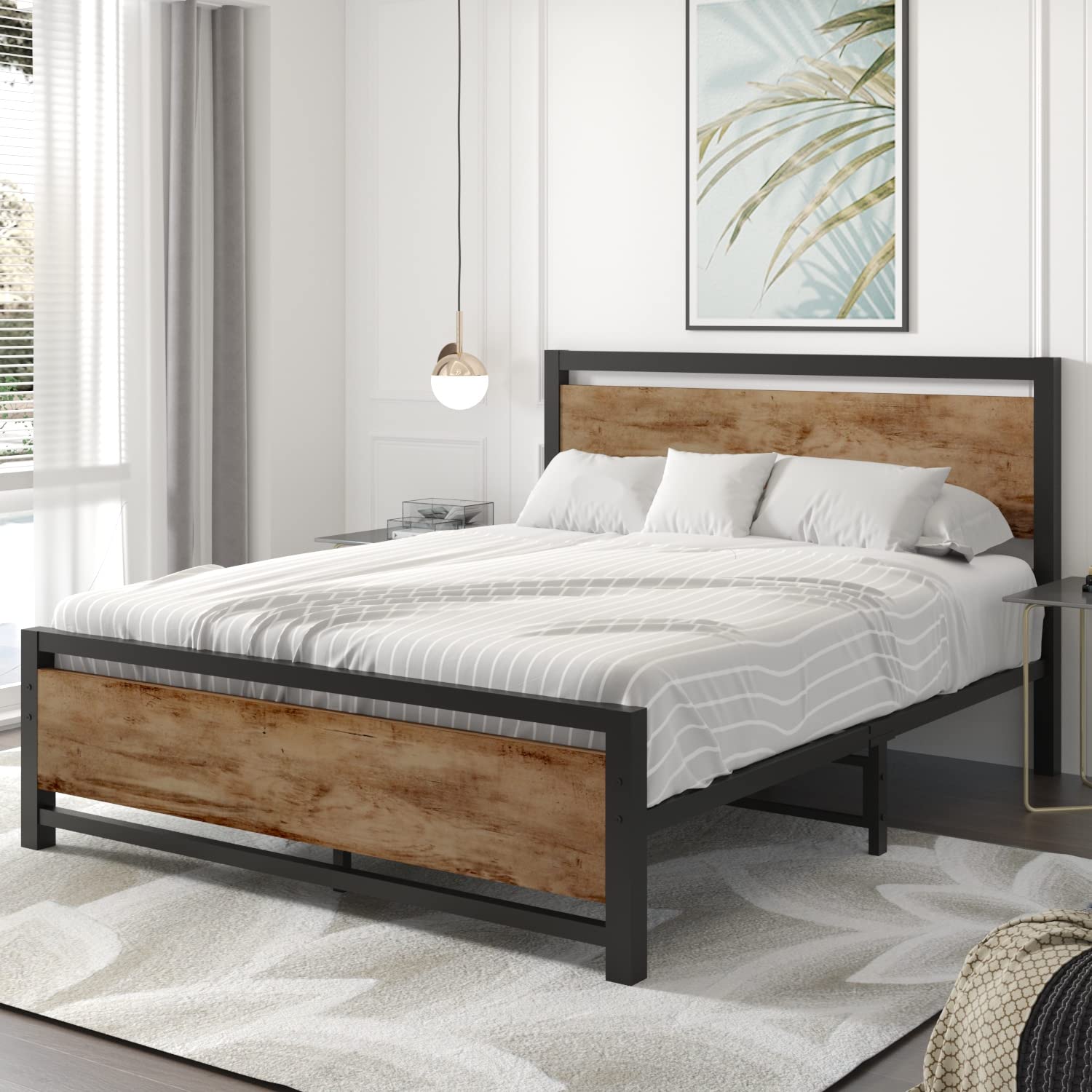 Industrial Queen Bed Frame with Storage - Heavy Duty Steel Platform for Mattress Support, No Box Spring Needed - Perfect for Modern Bedrooms