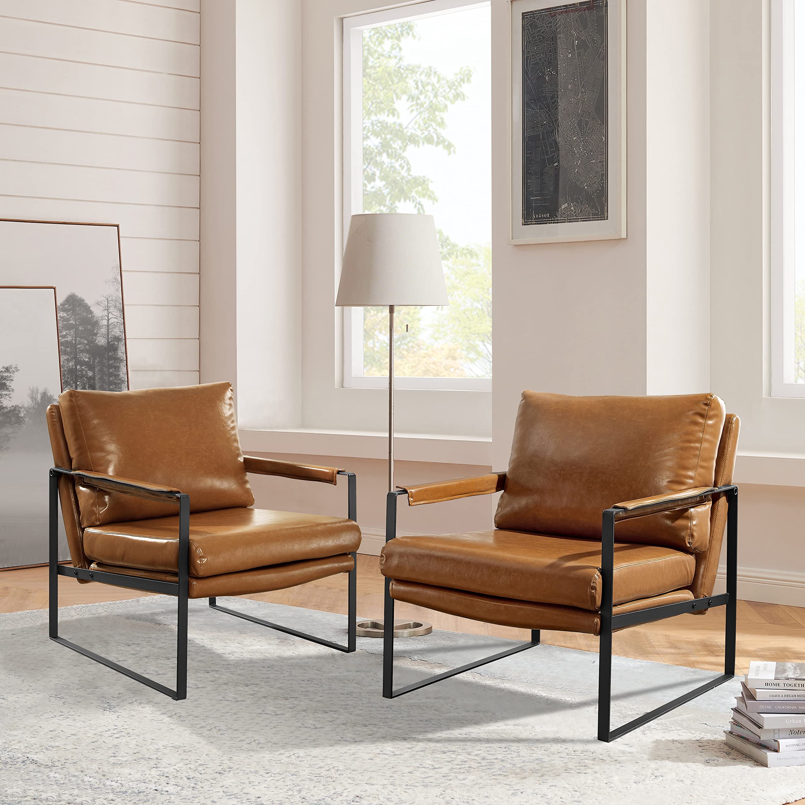 Art Leon Mid Century Modern Accent Chairs Set of 2 - Faux Leather Armchairs with Black Metal Legs for Living Room & Bedroom - Brown - Perfect for Lounge Areas, Reading Nooks & Home Offices