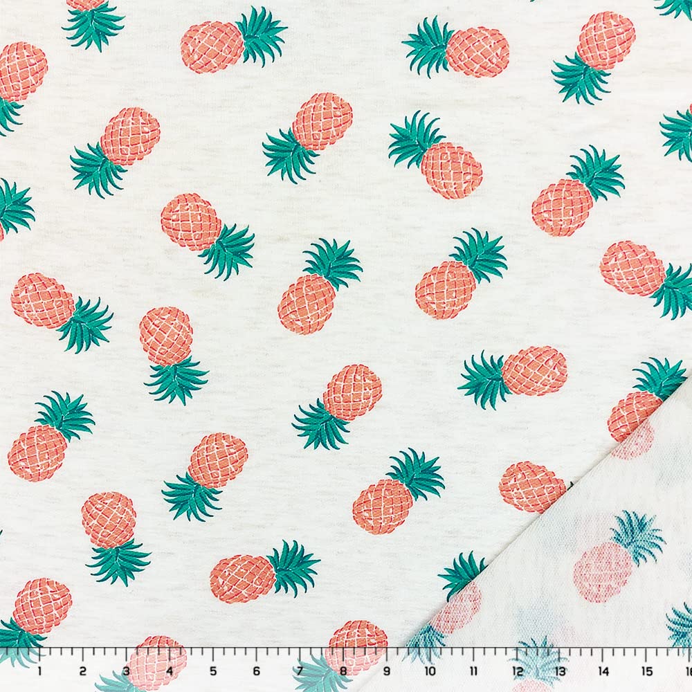 Coral Green Pineapple Print Heather Ivory French Terry Knit Fabric by The Yard - Perfect for DIY Apparel, Home Decor, and Craft Projects