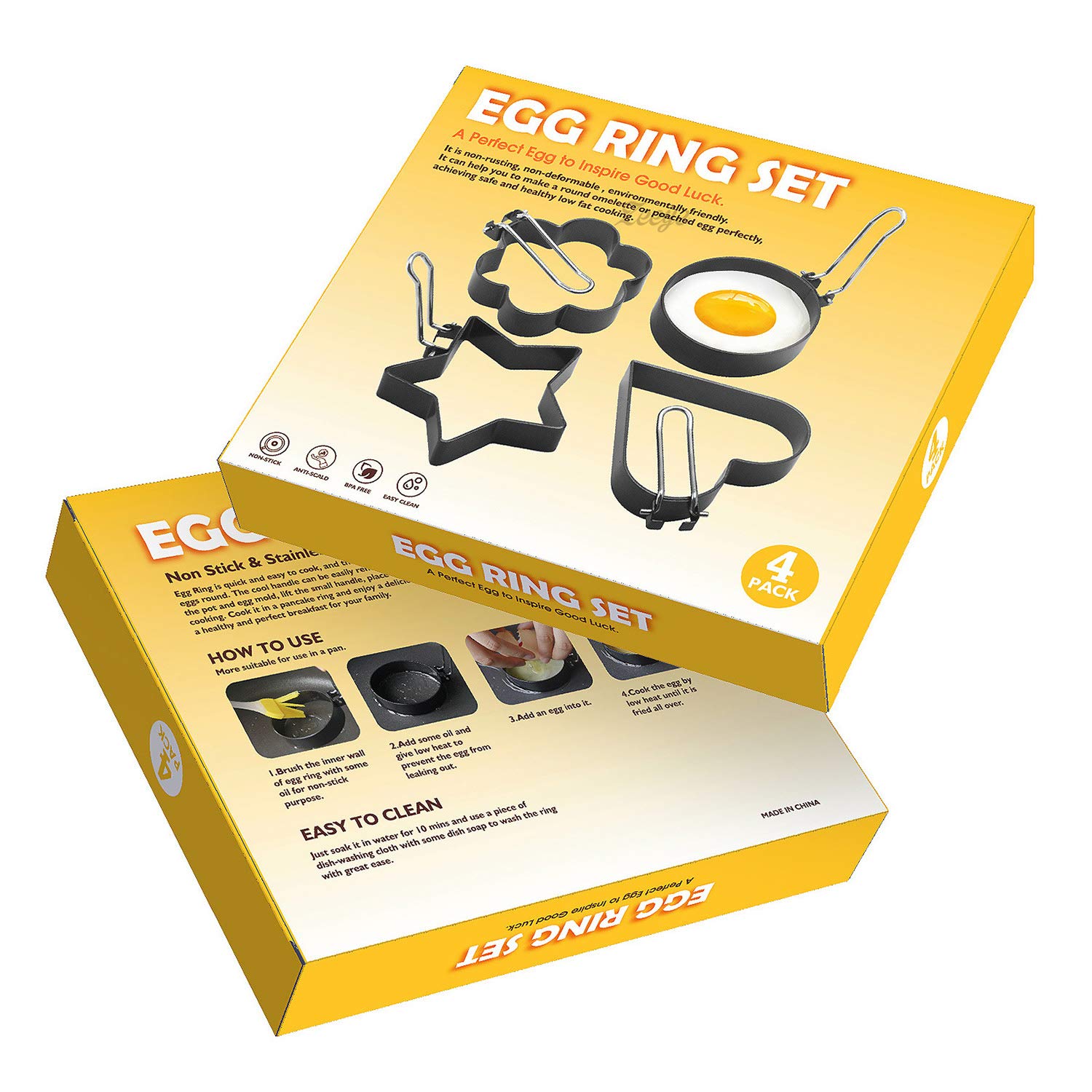 4 Pack Egg Rings for Frying or Shaping Eggs - Non-Stick Stainless Steel Egg Molds for Perfect Round Eggs - Perfect for Breakfast Sandwiches, Burgers & Pancake Toppings (EG-4S)