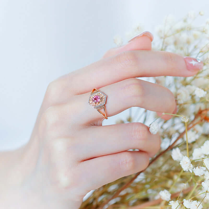 Vintage Pink Tourmaline Rhombus Filigree Ring - Elegant Gemstone Jewelry for Women | TB1926 | Perfect for Weddings, Parties & Special Occasions