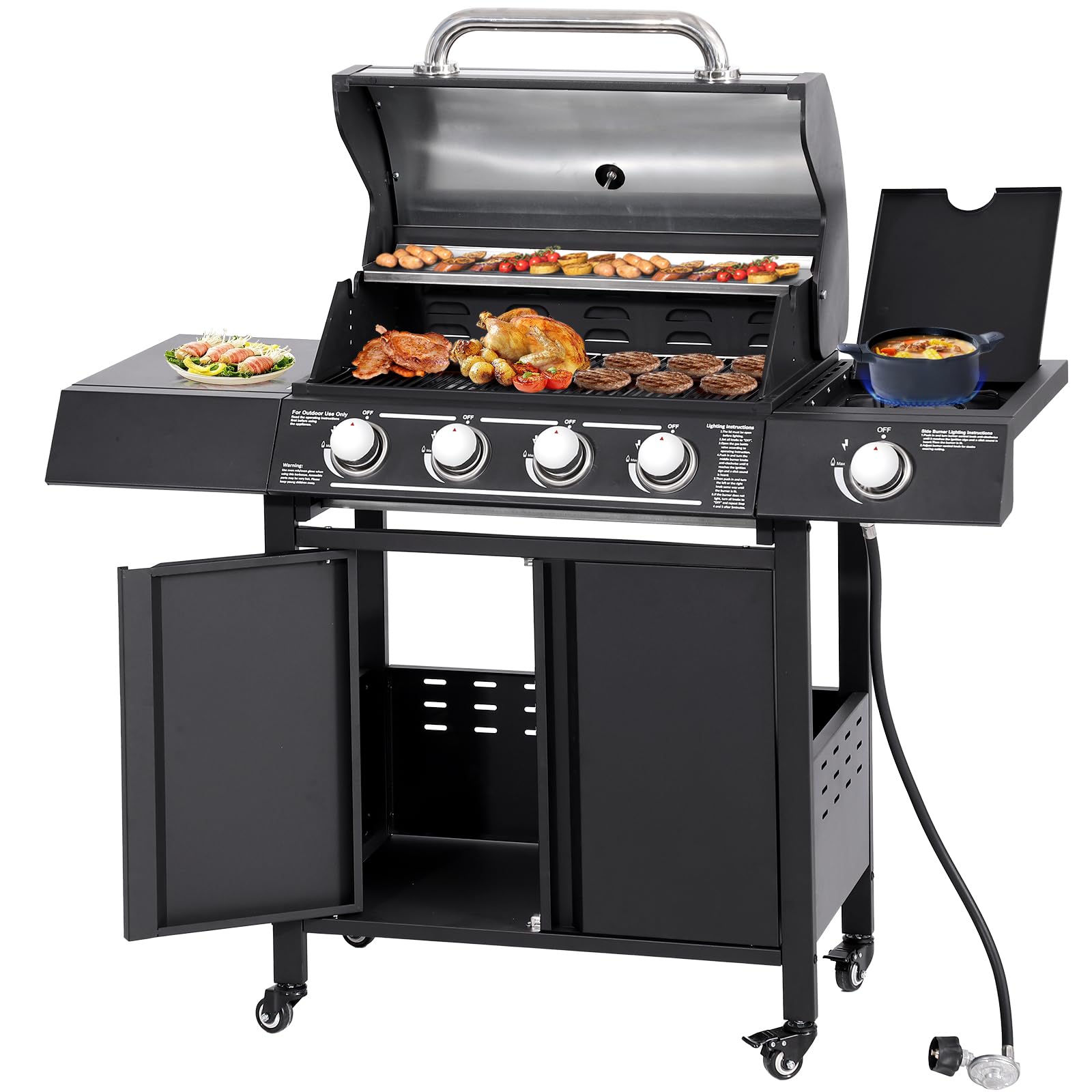 4-Burner Propane Gas Grill with Side Burner – 50,000 BTU Outdoor BBQ Grill with Cast Iron Cooking Grate & Wheels – Perfect for Backyard, Patio, Garden & Camping Cookouts
