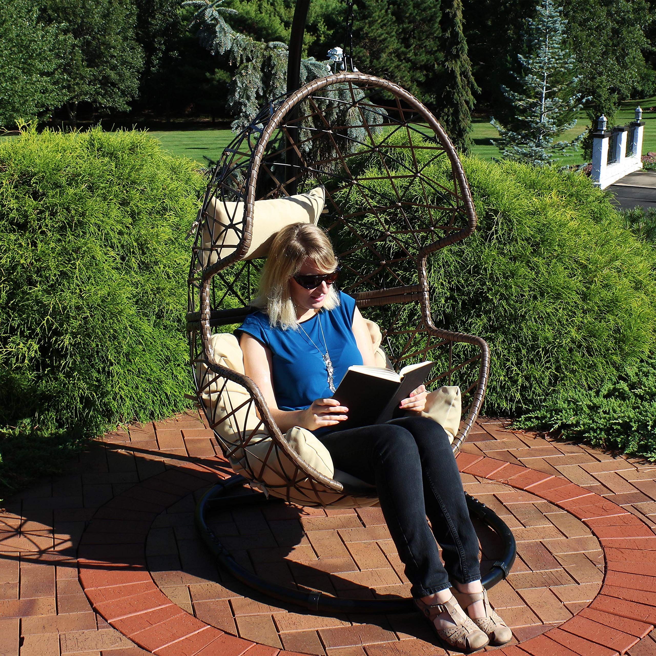Sunnydaze Lorelei Hanging Egg Chair - Outdoor Patio Swing Chair with Beige Cushion, Boho Style Resin Wicker Basket Design - Perfect for Porch, Deck, Balcony, Garden & Backyard Relaxation