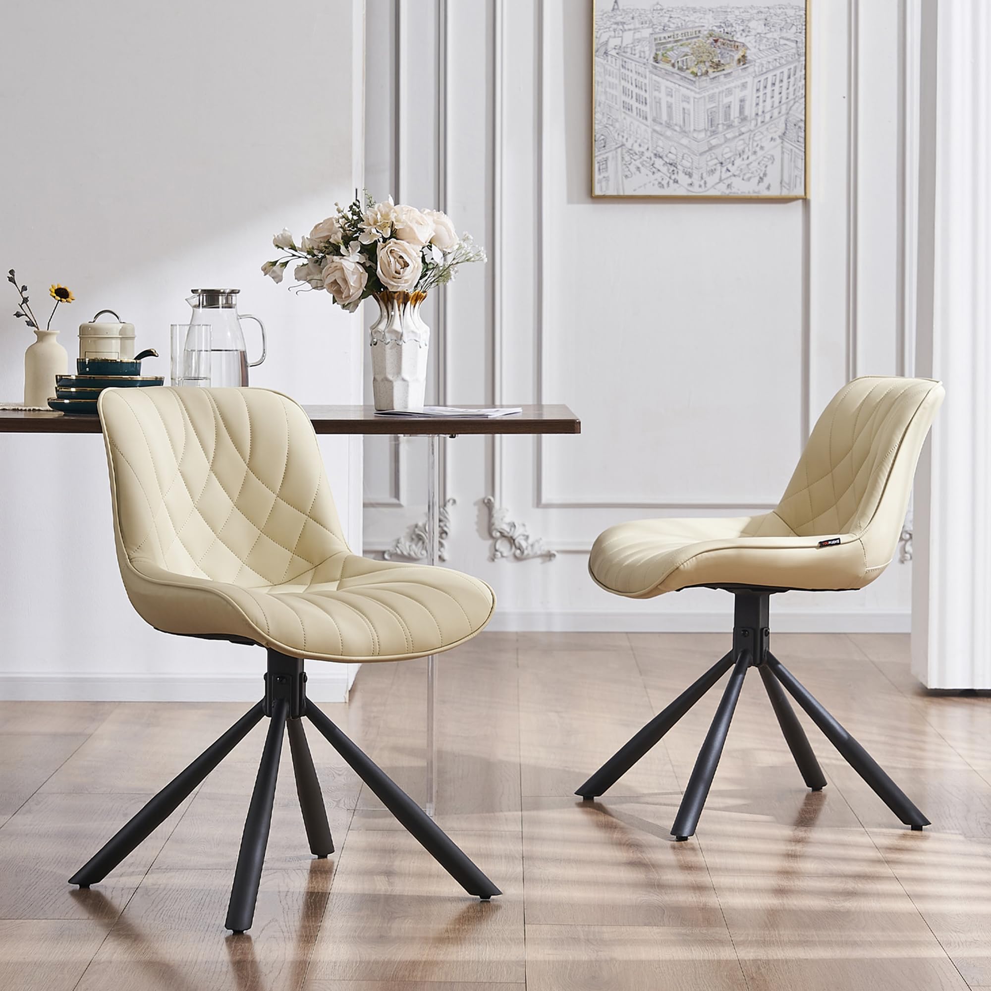 YOUNUOKE Mid Century Modern Dining Chairs Set of 2 - Upholstered Faux Leather Kitchen Chairs with Sturdy Metal Legs, Beige - Perfect for Dining Room, Kitchen, Restaurant & Home Decor