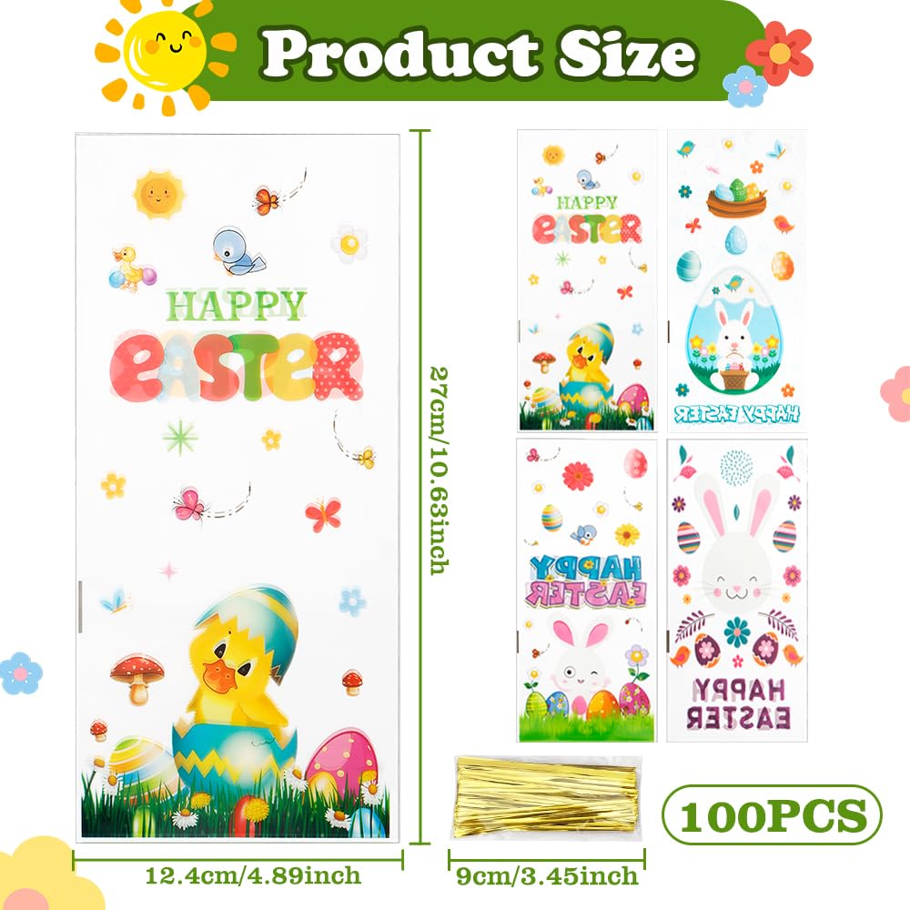 BOEIAC 100-Pack Easter Treat Bags - 4 Assorted Styles Cellophane Goodie Bags with Gold Twist Ties for Candy, Cookies & Party Favors - Perfect for Easter Celebrations, Classroom Treats & Gift Exchanges