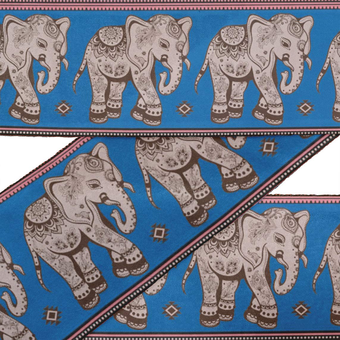 Blue Tribal Elephant Printed Velvet Ribbon Trim - 9 Yards for Crafts, Sewing & DIY Accessories (4 Inches Wide) - Perfect for Home Decor, Gift Wrapping & Fashion Projects