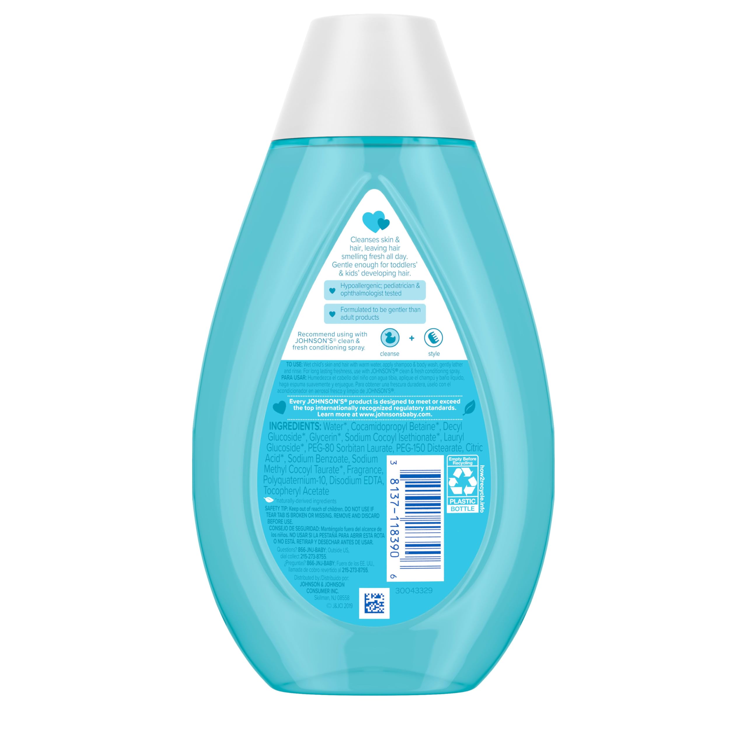 Johnson's Kids Clean & Fresh Tear-Free Shampoo & Body Wash - Hypoallergenic, Paraben, Sulfate & Dye Free - Gentle for Toddlers & Kids Hair Care - FreshBoost Scent 13.6 fl oz - Perfect for Daily Bath Time & Sensitive Skin