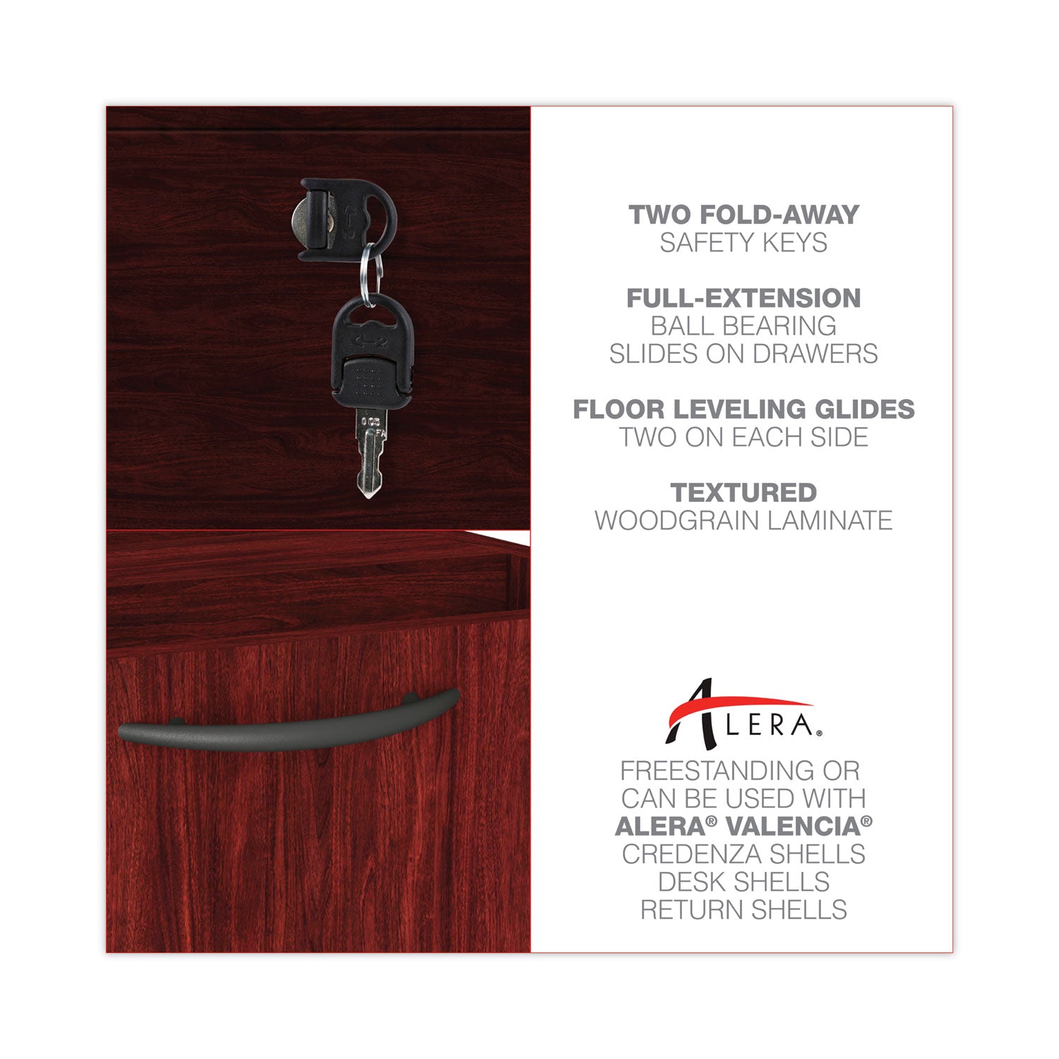 Alera Valencia Series Full Pedestal File Cabinet - Left or Right, 2 Legal/Letter Size Drawers, Mahogany Finish, 15.63