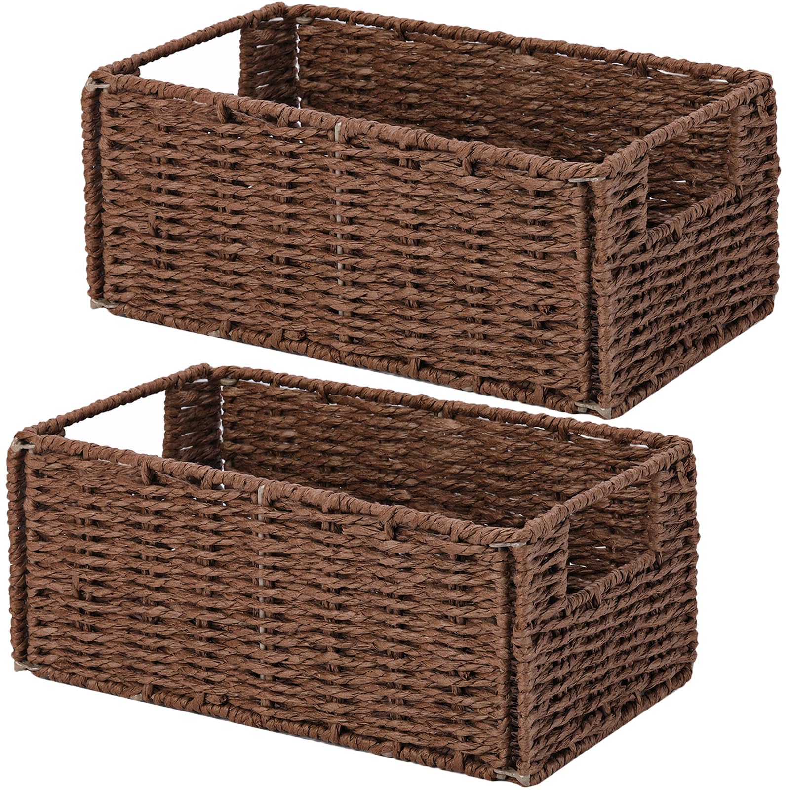 Vagusicc Set of 2 Hand-Woven Wicker Storage Baskets - Foldable Paper Rope Organizer Bins for Shelves, Toilet Paper Storage & Home Organization (Brown) - Perfect for Bathroom, Bedroom & Closet Storage Solutions
