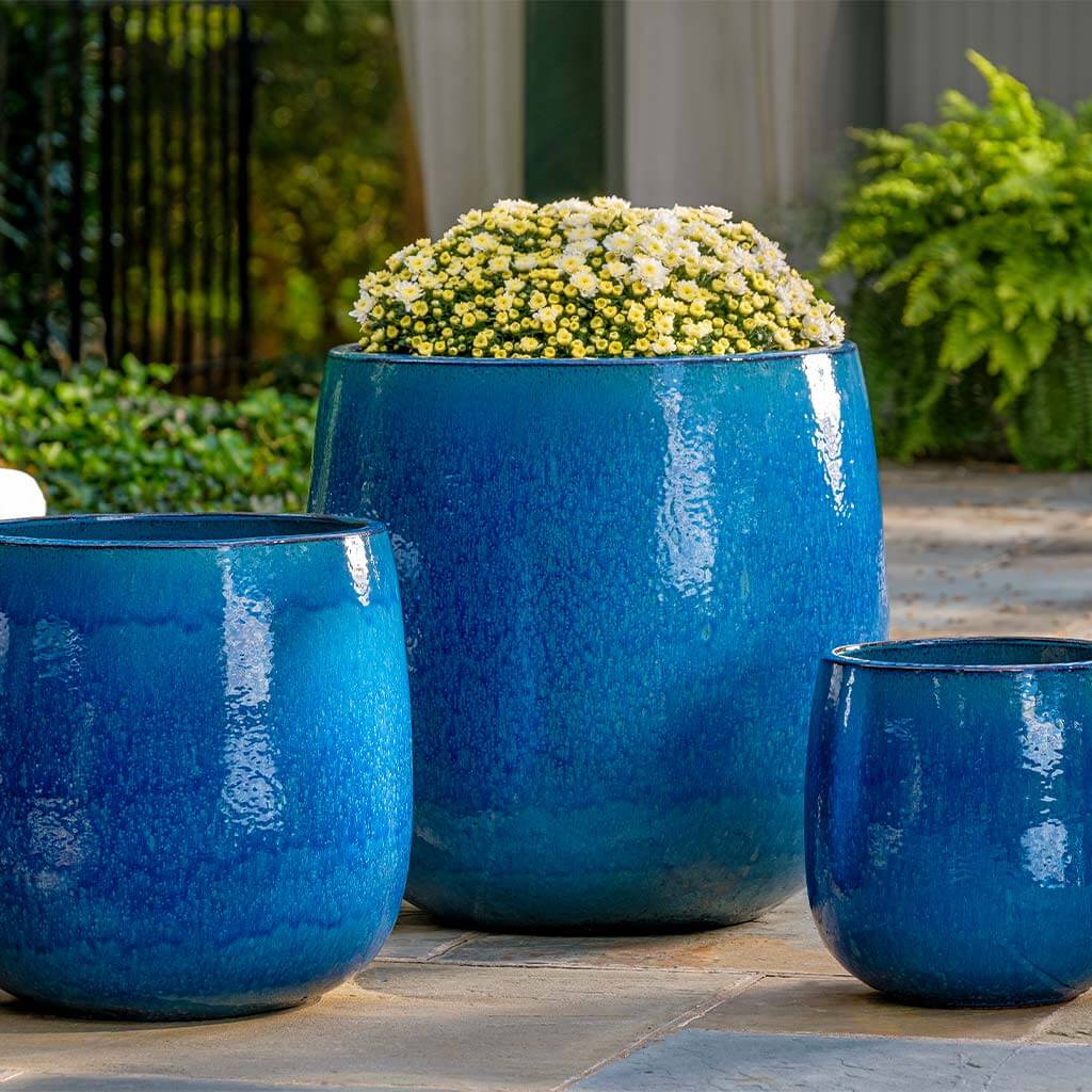 Campania International Potrero Planter Set of 3 - Cerulean Blue Ceramic Garden Planters for Outdoor & Indoor Decor | Perfect for Patio, Balcony, and Home Gardening