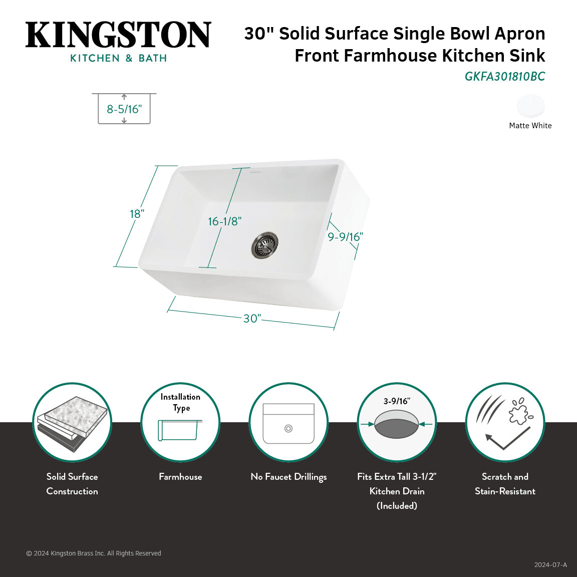 Arcticstone GKFA301810BC 30 Inch White Farmhouse Kitchen Sink - Solid Surface Apron Front Single Bowl with Strainer, Matte Finish | Perfect for Rustic & Modern Kitchens