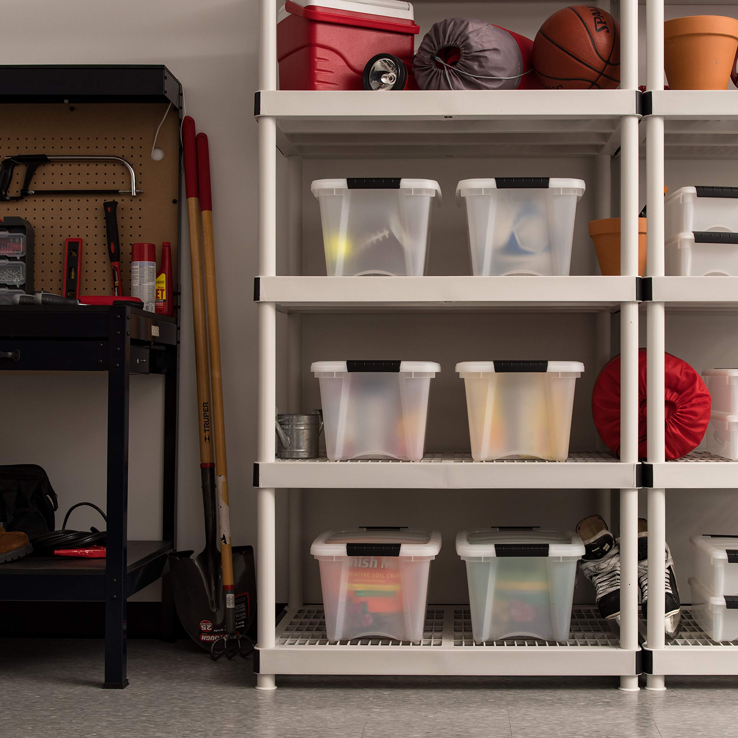 IRIS USA 19 Quart Stackable Plastic Storage Bins with Lids - 6 Pack BPA-Free Organizing Containers | Made in USA | Durable Nestable Design with Secure Latches & Pull Handles | Perfect for Home Organization, Closet Storage & Pantry Organization (Pearl White)