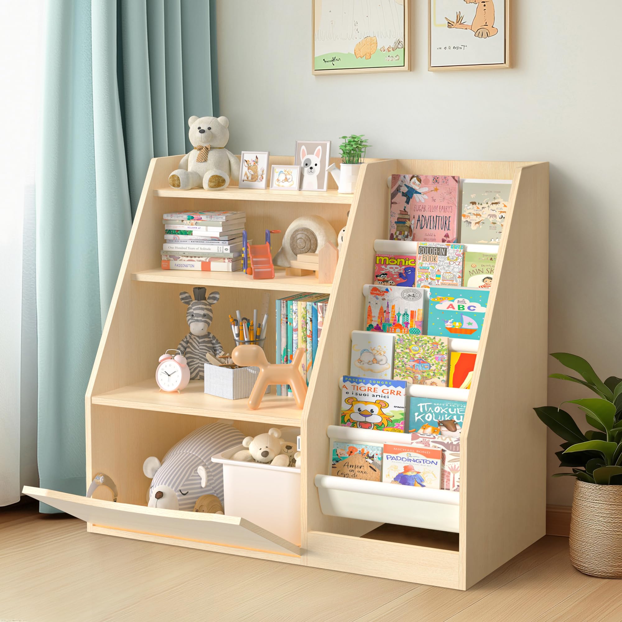 TOETOL 3 Tier Kids Bookshelf - Natural Wood Book Storage Organizer for Nursery, Playroom, Classroom & Bedroom | 6 Sling Toddler Bookshelf with Storage Boxes | Perfect for Kids' Book Organization and Room Decor