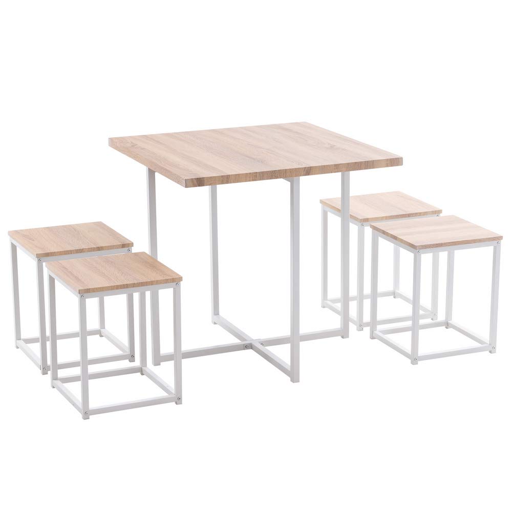 GREEF 5-Piece Dining Table Set for 4 People - Light Oak PVC Table & 4 White Stools - Perfect for Small Spaces, Kitchens, Apartments & Outdoor Dining