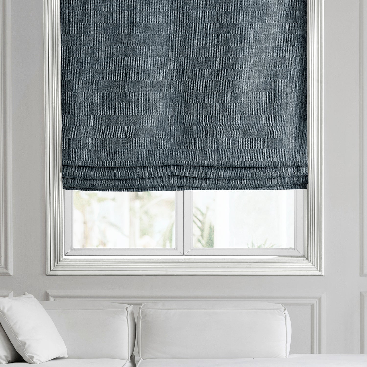 Reverie Blue Textured Faux Linen Roman Shade - Elegant Window Treatment for Living Room, Bedroom & Home Office