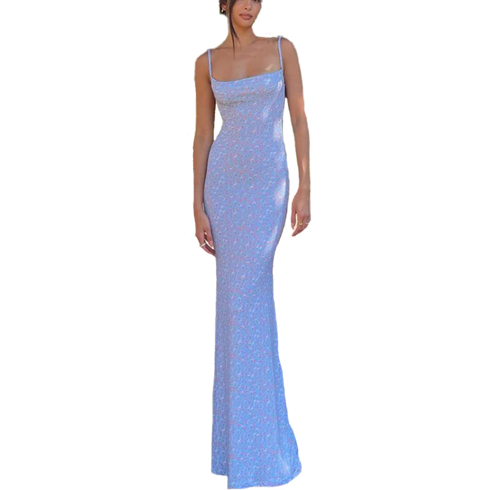 Women's Sexy Floral Bodycon Dress - Spaghetti Strap, Pleated Backless Long Cocktail Dress for Evening Party, Club, Date Night | Slim Fit Formal Gown for Women