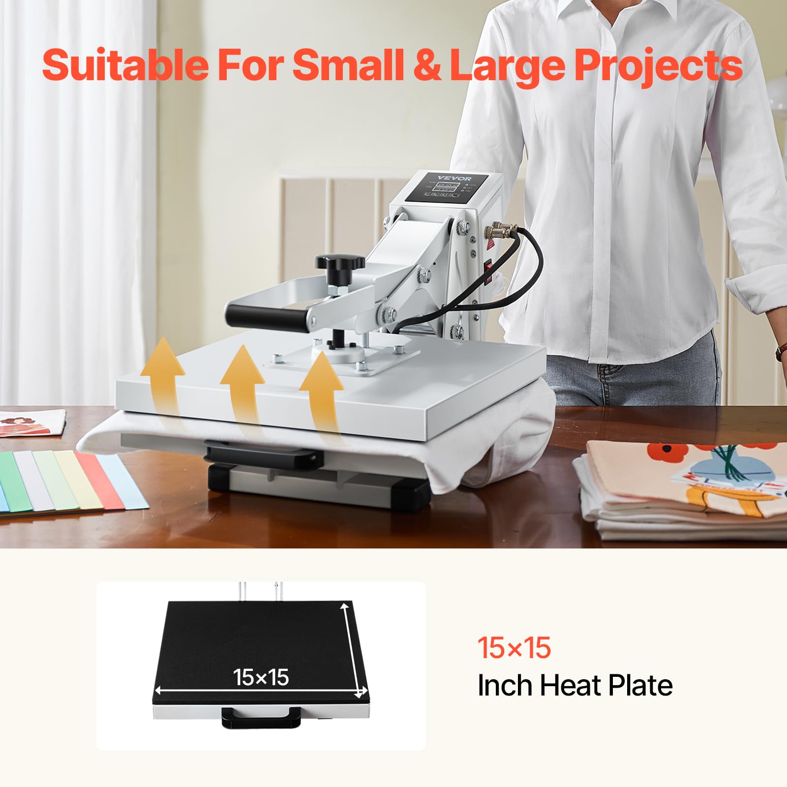 VEVOR 15x15 Inch Heat Press Machine for T-Shirts - Fast Heating Digital Sublimation Printer with High Pressure for Heat Transfer Vinyl - Easy to Use White Industrial Heat Press - Perfect for DIY Crafts, Custom Apparel & Small Business Printing