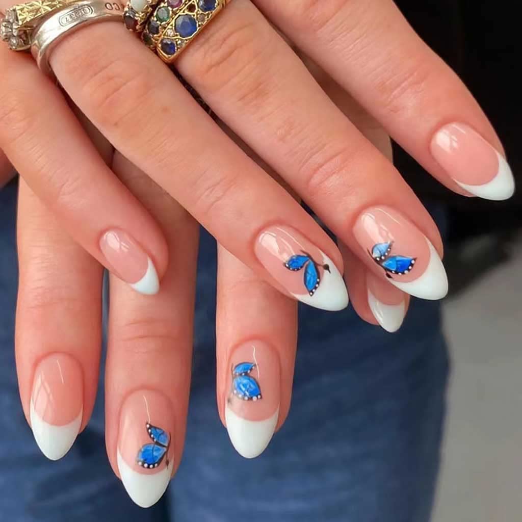 RikView French Tip Press on Nails Medium Fake Nails Almond White Stick on Nails with Butterfly Design - Perfect for Parties, Weddings, and Everyday Glam