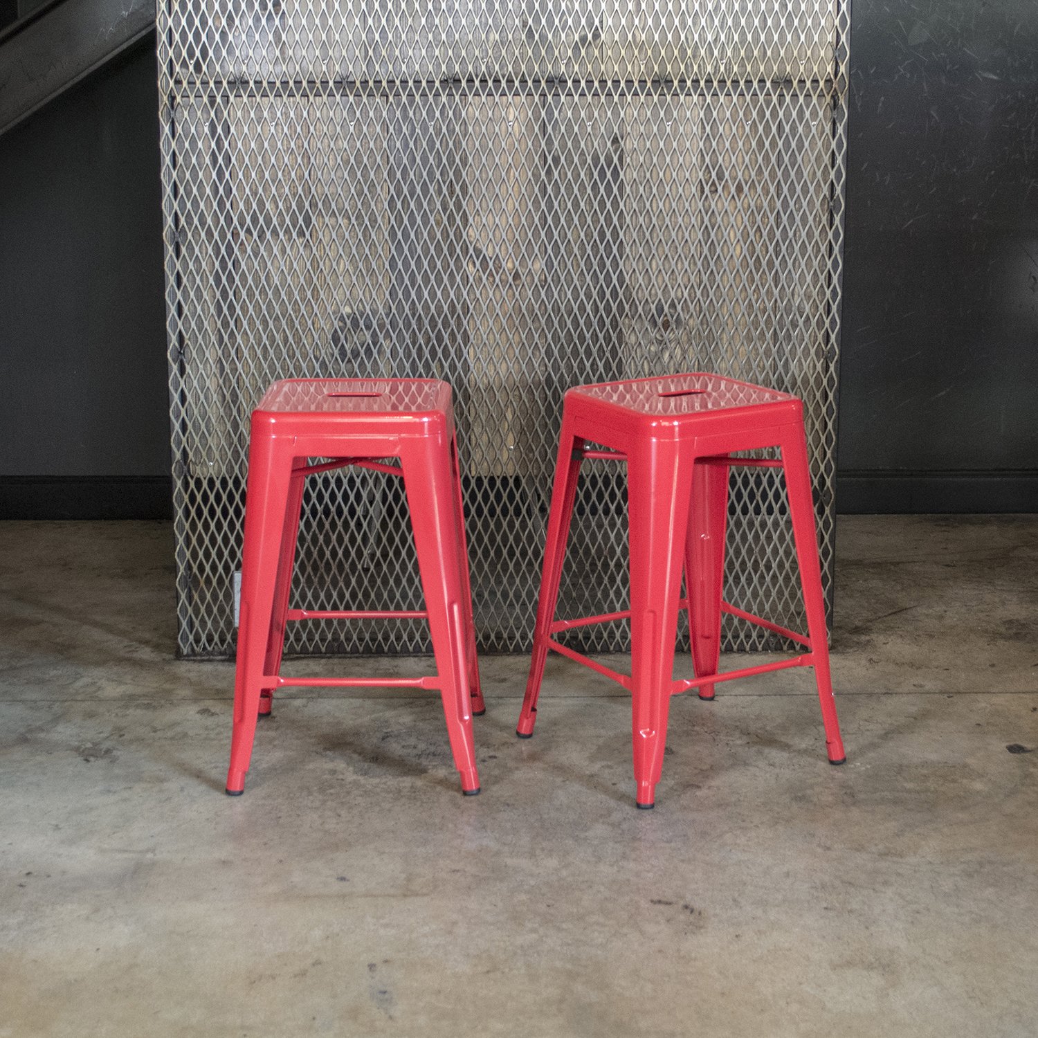 BS24RED Metal Bar Stool Set of 2 - 24 Inch Height, Adjustable Red Counter Stools for Kitchen Island, Breakfast Bar & Home Decor