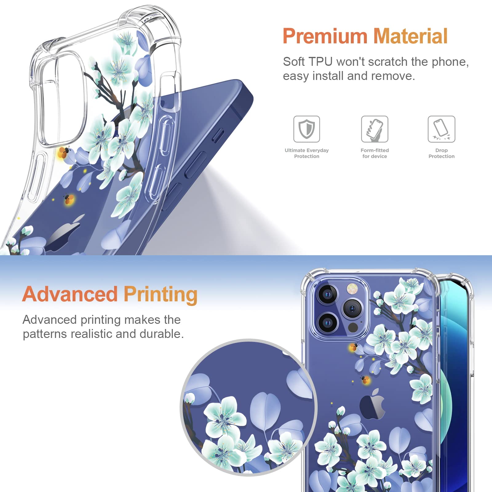 5-in-1 RoseParrot iPhone 12 Pro Max Case with Screen Protector, Ring Holder & Waterproof Pouch - Clear Floral Pattern Soft Flexible Protective Cover (Fireflies) | Perfect for Outdoor Activities, Travel & Daily Protection