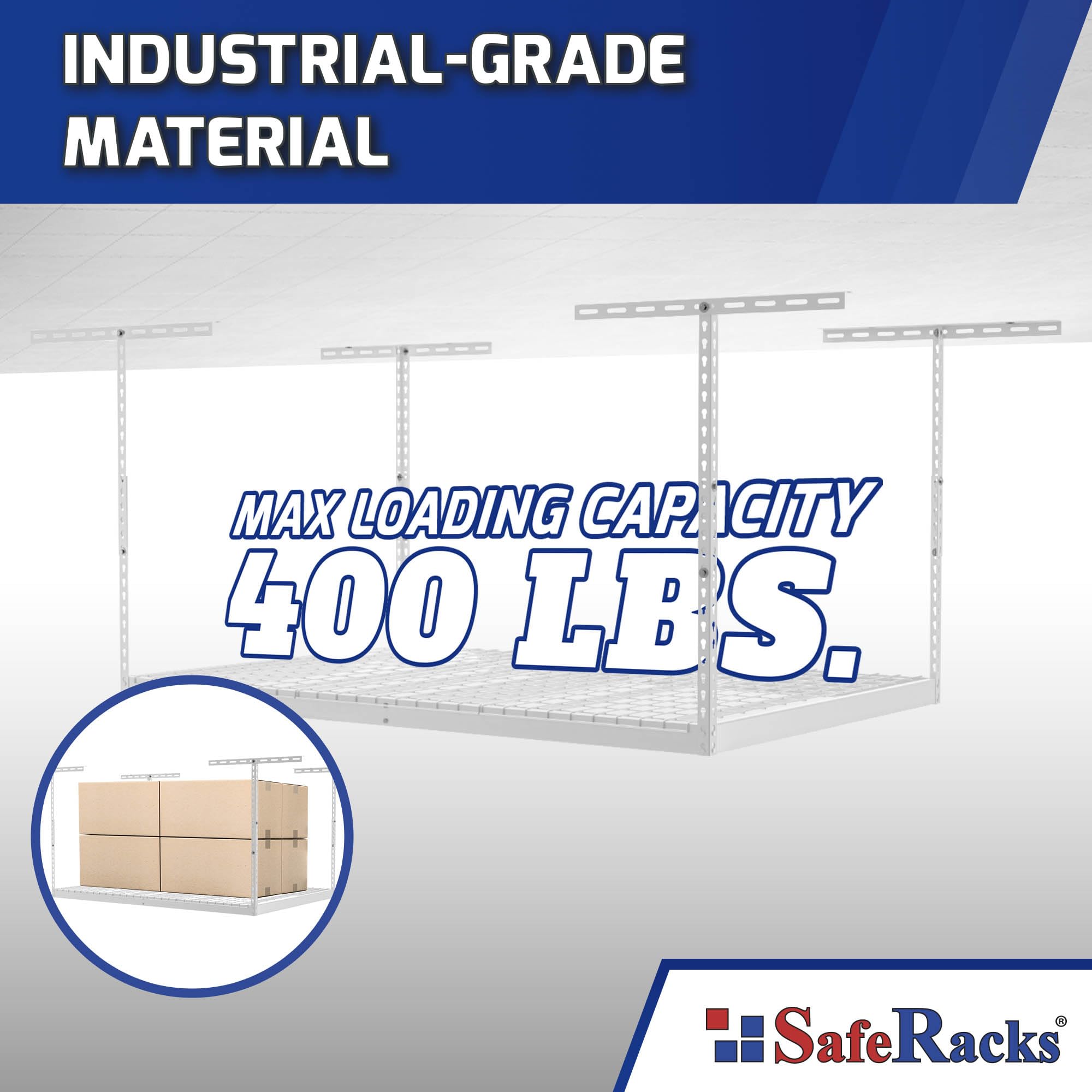Heavy Duty Overhead Garage Storage Rack - 400 lb Capacity Adjustable Ceiling Mount Shelves 3x6 White (12