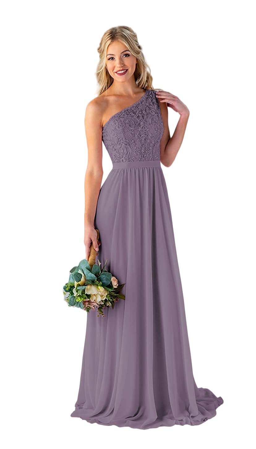 Elegant One Shoulder Lace Bridesmaid Dress - Long A-Line Chiffon Formal Gown with Pockets for Wedding, Evening Party & Special Occasions