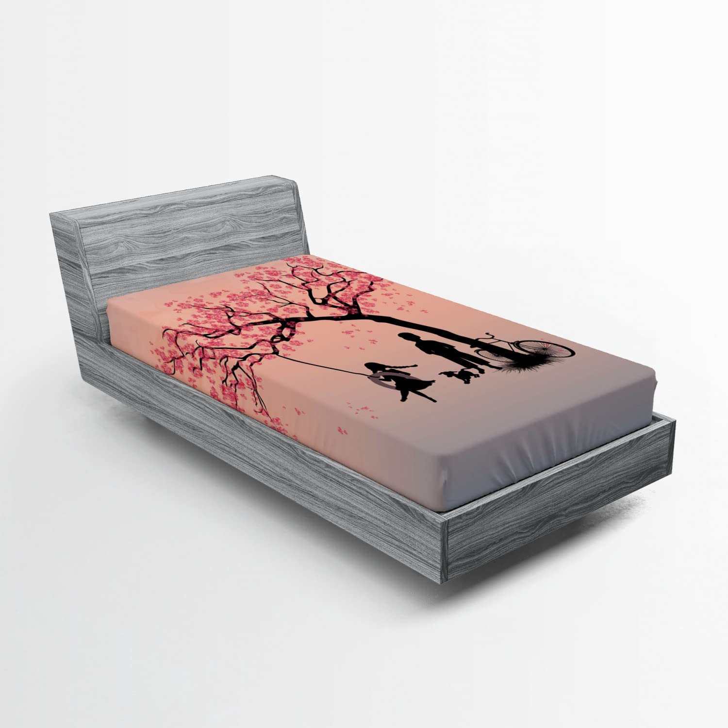 Ambesonne Tree of Life Fitted Sheet - Twin XL, Pink Black - Cherry Blossom Dog Art for Cozy Bedroom Decor