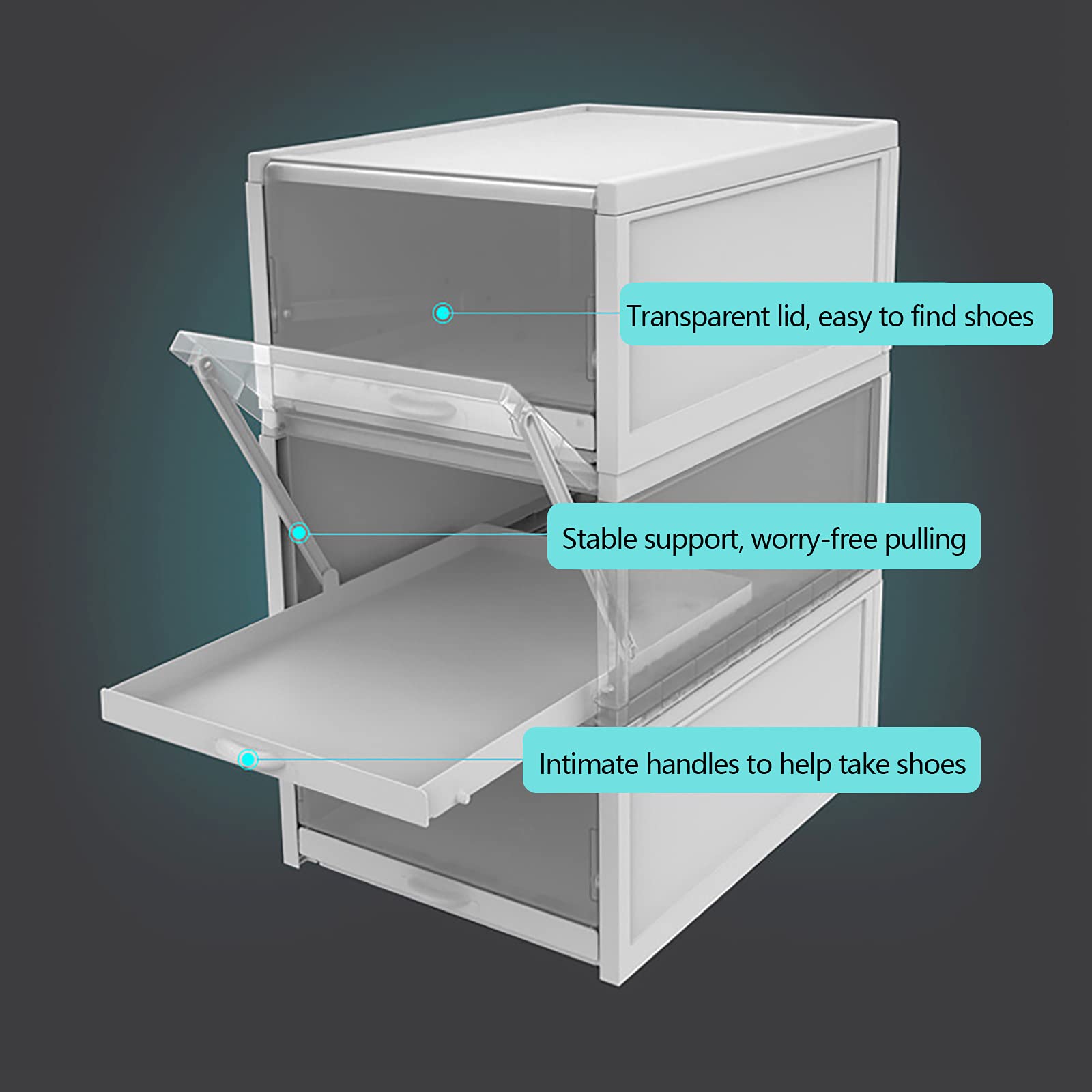3 Pack Clear Plastic Stackable Shoe Storage Boxes - Foldable Drawer Organizer Bins for Sneakers & Shoes | Space-Saving Closet & Underbed Storage Solution